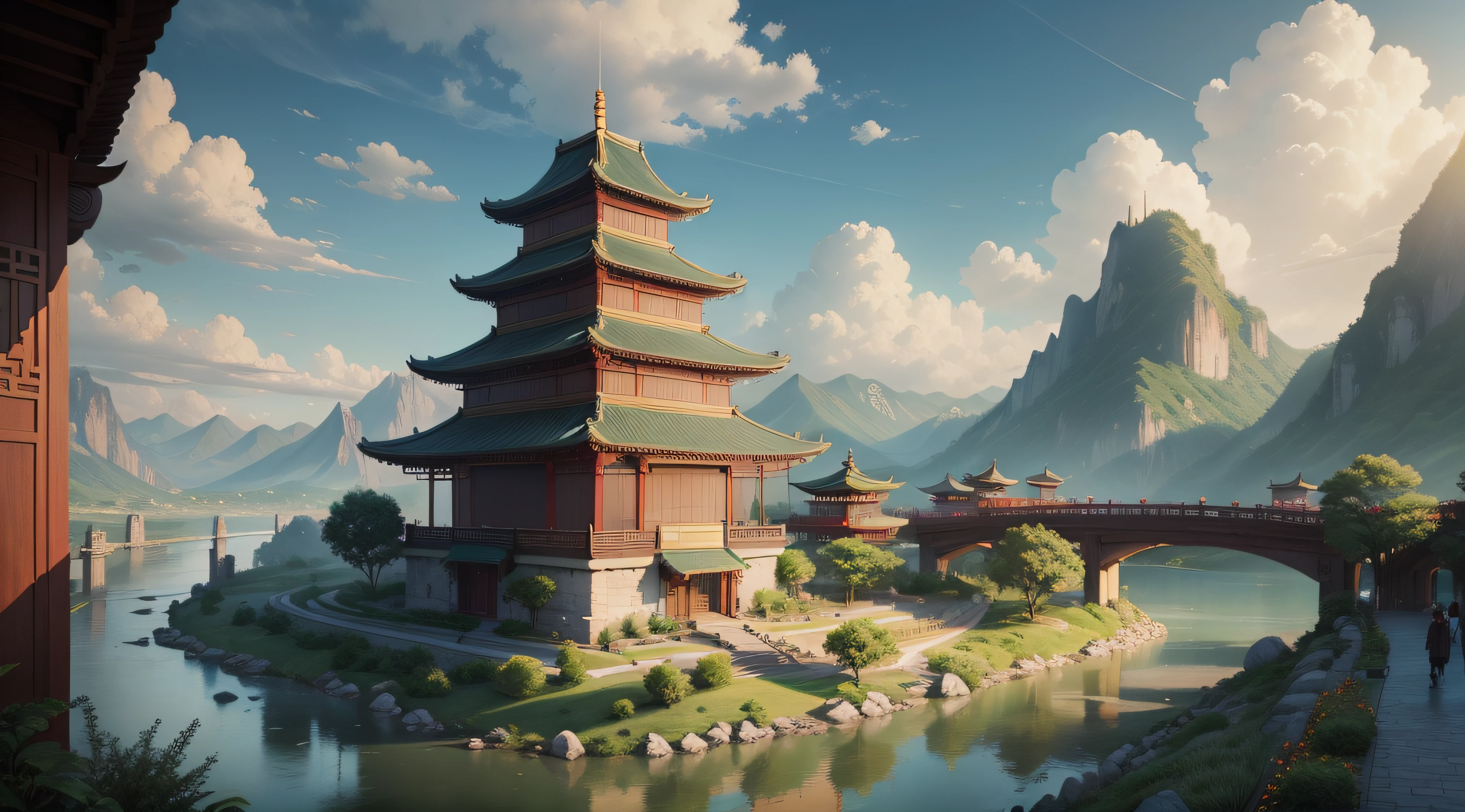 mdjrny-pprct,Chinese architecture, gardens, mountains and rivers, clouds, (high detailed:1.2)