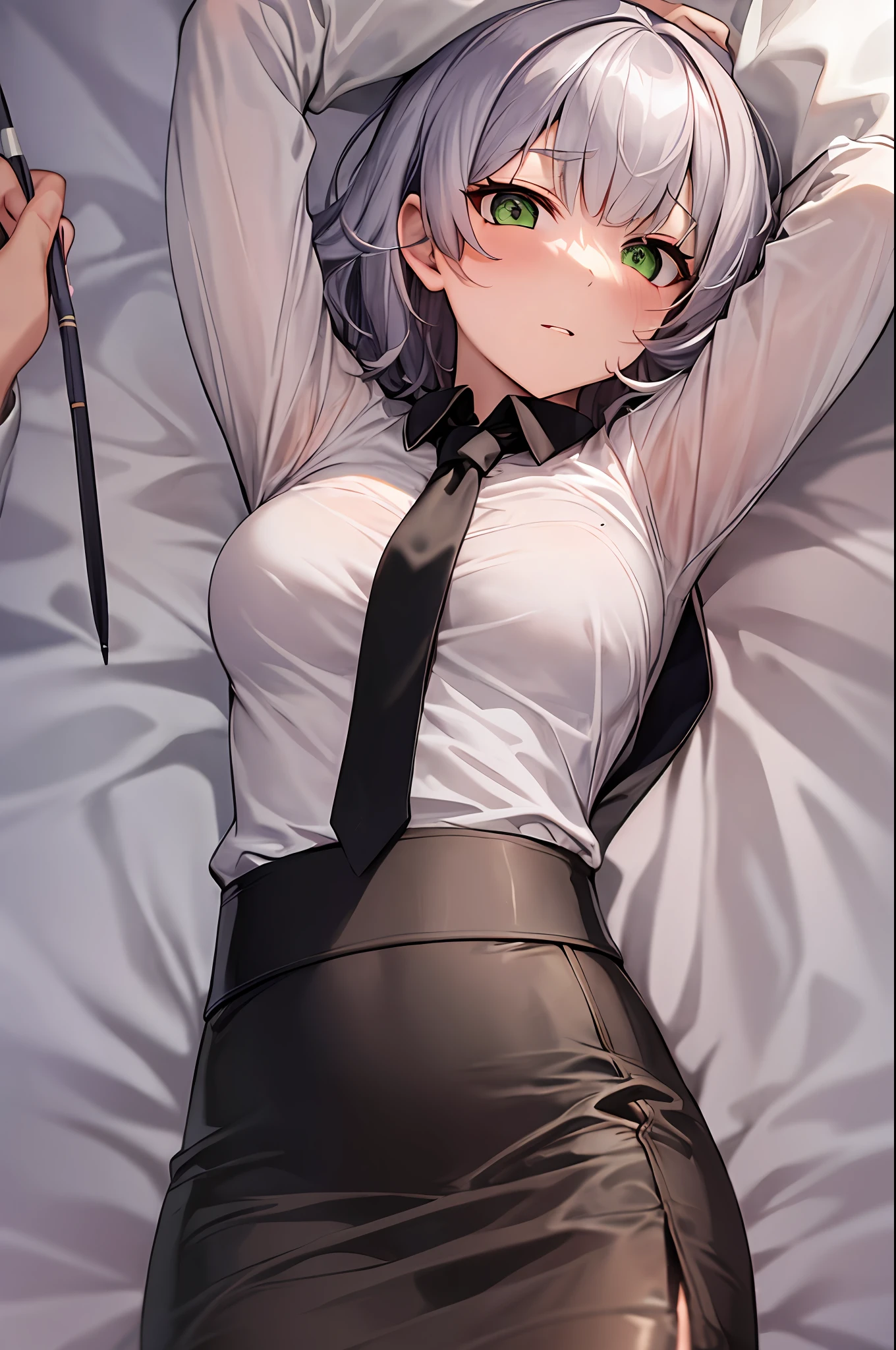 1Noelle, green eyes, black shirt, silver hair, red necktie, lying, on back, bed, arms up, military uniform, small , pencil skirt, masterpiece, highres, best quality