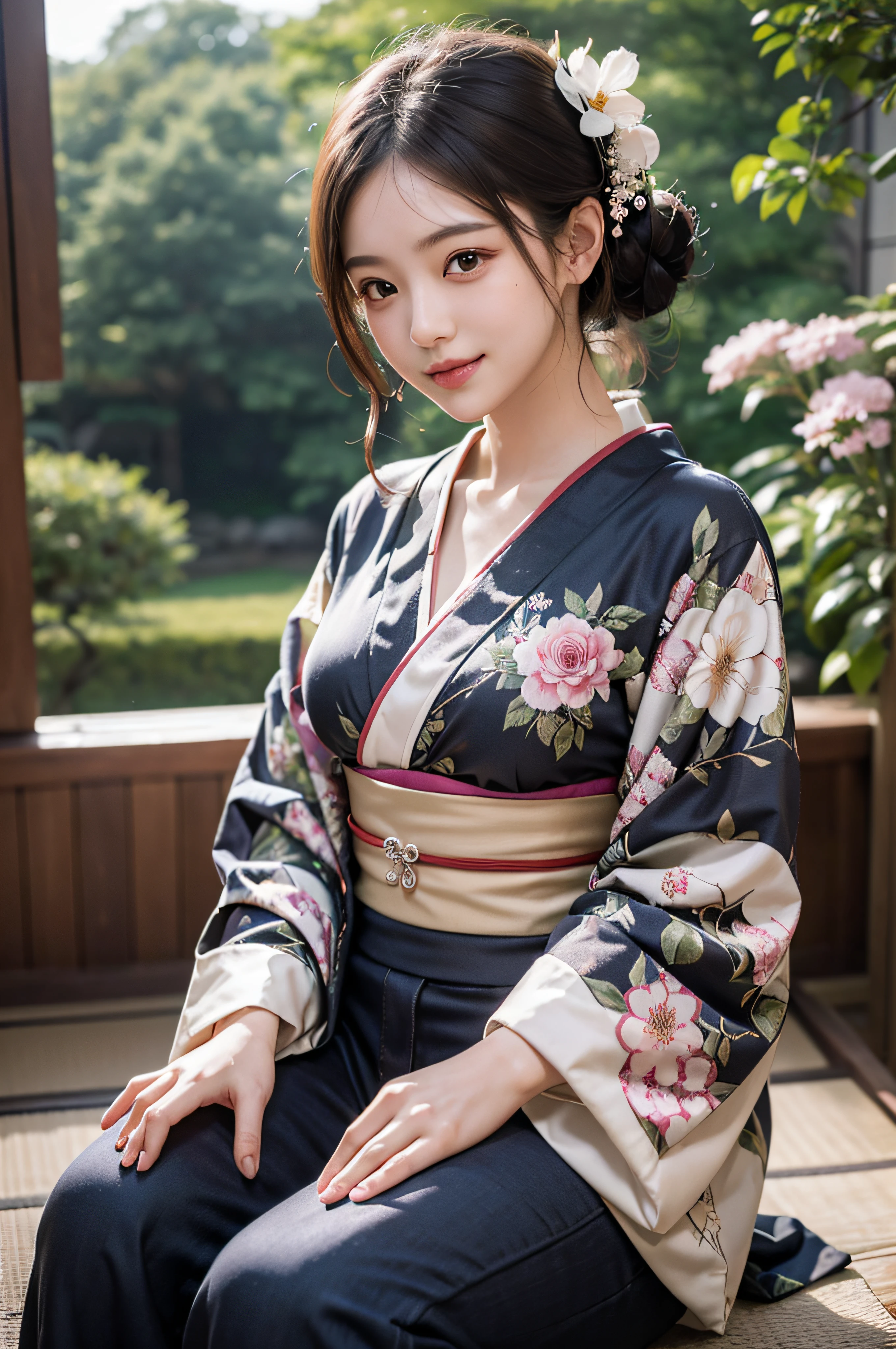 (Photorealsitic:1.4), (Top image quality:1.0), (超A high resolution:1.0), 8K, Raw photography, (masterpiece:0.2), (pureerosface_v1:0.5)、(Best Quality Detail:1.2)、realisitic、8K UHD、hight resolution、(1girl in:1.2)、The ultra-detailliert、High quality textures、intricate detailes、detaileds、Very detailed CG、High quality shadows、Detail Beautiful delicate face、Detail Beautiful delicate eyes、depth of fields、Ray traching,1girl in, japanaese girl, Cute, slender, Black kimono, Kimono with Japanese pattern,Floral scrunchie, Beautiful skin, Facing the front,Sit down, Sit upright and say thank you,Align your hands elegantly,Smile faintly The Land of Japan,Japanese garden,Luxury Japanese-style room, skyporn, Magic Hour, (Realistic:1.3), Finely detailed, quality, (masutepiece:1.2), (Photorealistic:1.2), (Best Quality), (Intricate details), Dramatic, Ray tracing, photograph, +Lola