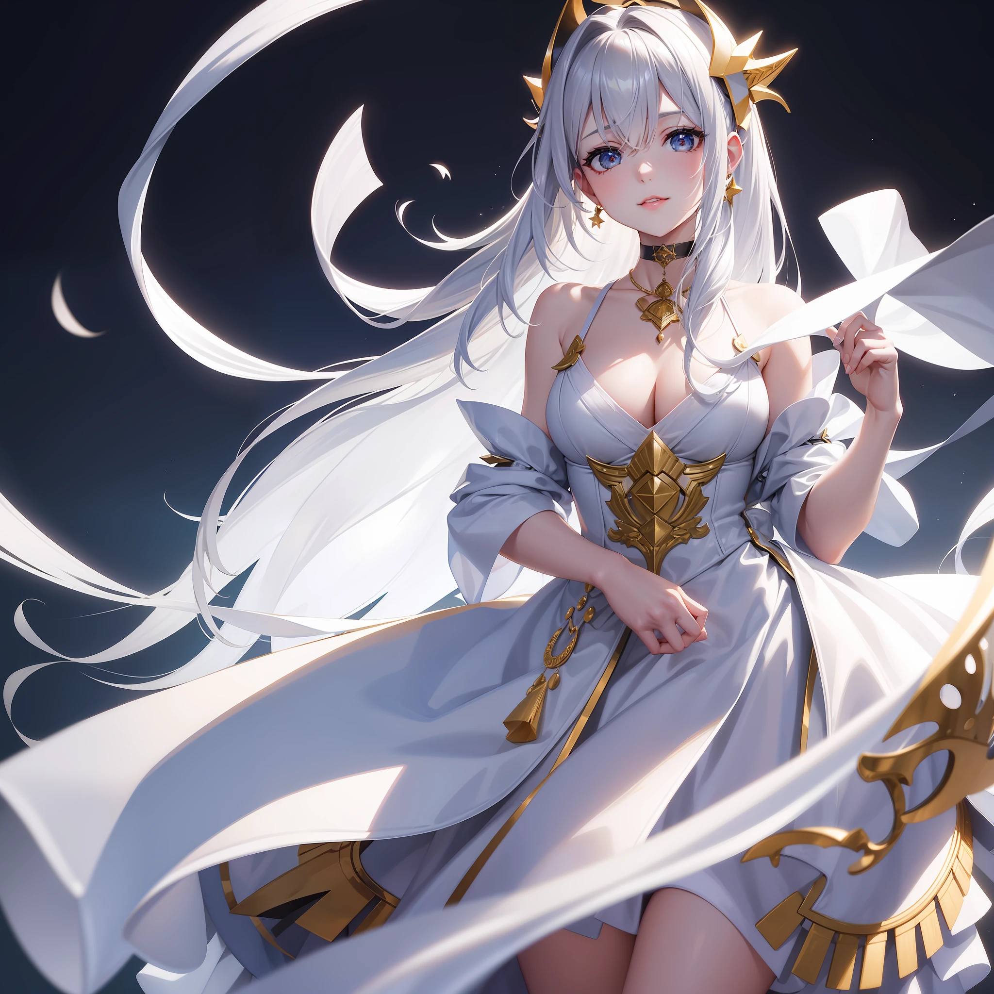 Best quality at best，tmasterpiece，A high resolution，1girl，Gold and silver clothes，Not a skirt，beautiful  face，Silvery hair，standing on your feet，looking at viewert，ssmile，closing the mouth，cparted lips，head gear，choker necklace，jewely，long whitr hair，耳Nipple Ring，beautiful  face，upon body，dingdall effect，真实感，edge lit，twotonelighting，（highdetailskin：1.2），8k uhd，digital SLR camera，softlighting，high qulity，Volumetriclighting，photore，A high resolution，4k，8k，starryskybackground