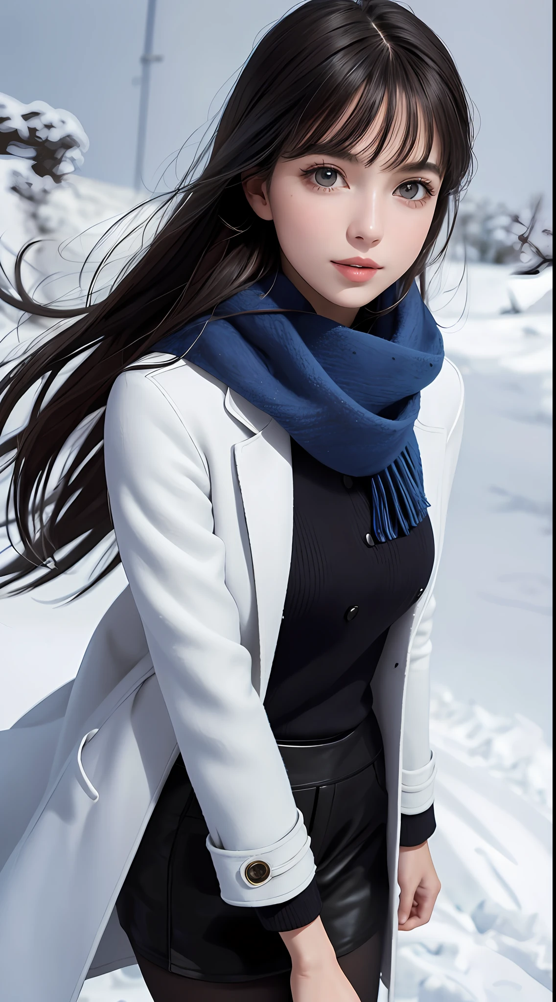 (close-up:1.4),
(RAW photo:1.2), (photorealistic:1.4),(masterpiece:1.3),(best quality:1.4), dreamlike, (detailed eyes),(detailed facial features), (detailed clothes features), skin tight, (shiny skin),(slender girl),(slim girl), 1girl, ((full body)),solo, cute,smlie,(medium breasts), bangs, straight hair, long hair, black hair, black eyes, crystal pendant, Long blue scarf,White long wool coat,Black thick pantyhose,Brown snow boots,