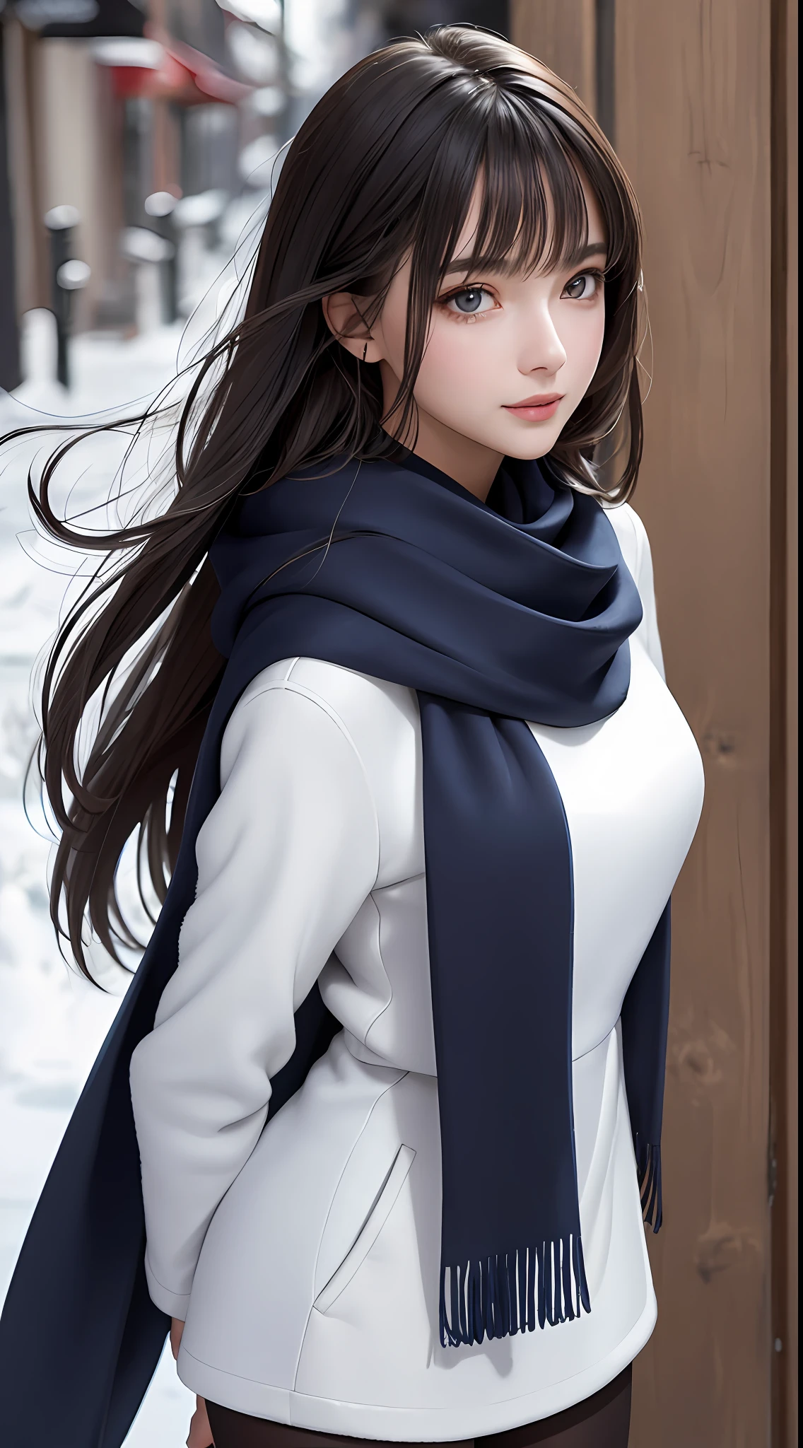 (close-up:1.4),
(RAW photo:1.2), (photorealistic:1.4),(masterpiece:1.3),(best quality:1.4), dreamlike, (detailed eyes),(detailed facial features), (detailed clothes features), skin tight, (shiny skin),(slender girl),(slim girl), 1girl, ((full body)),solo, cute,smlie,(medium breasts), bangs, straight hair, long hair, black hair, black eyes, crystal pendant, Long blue scarf,White long wool coat,Black thick pantyhose,Brown snow boots,