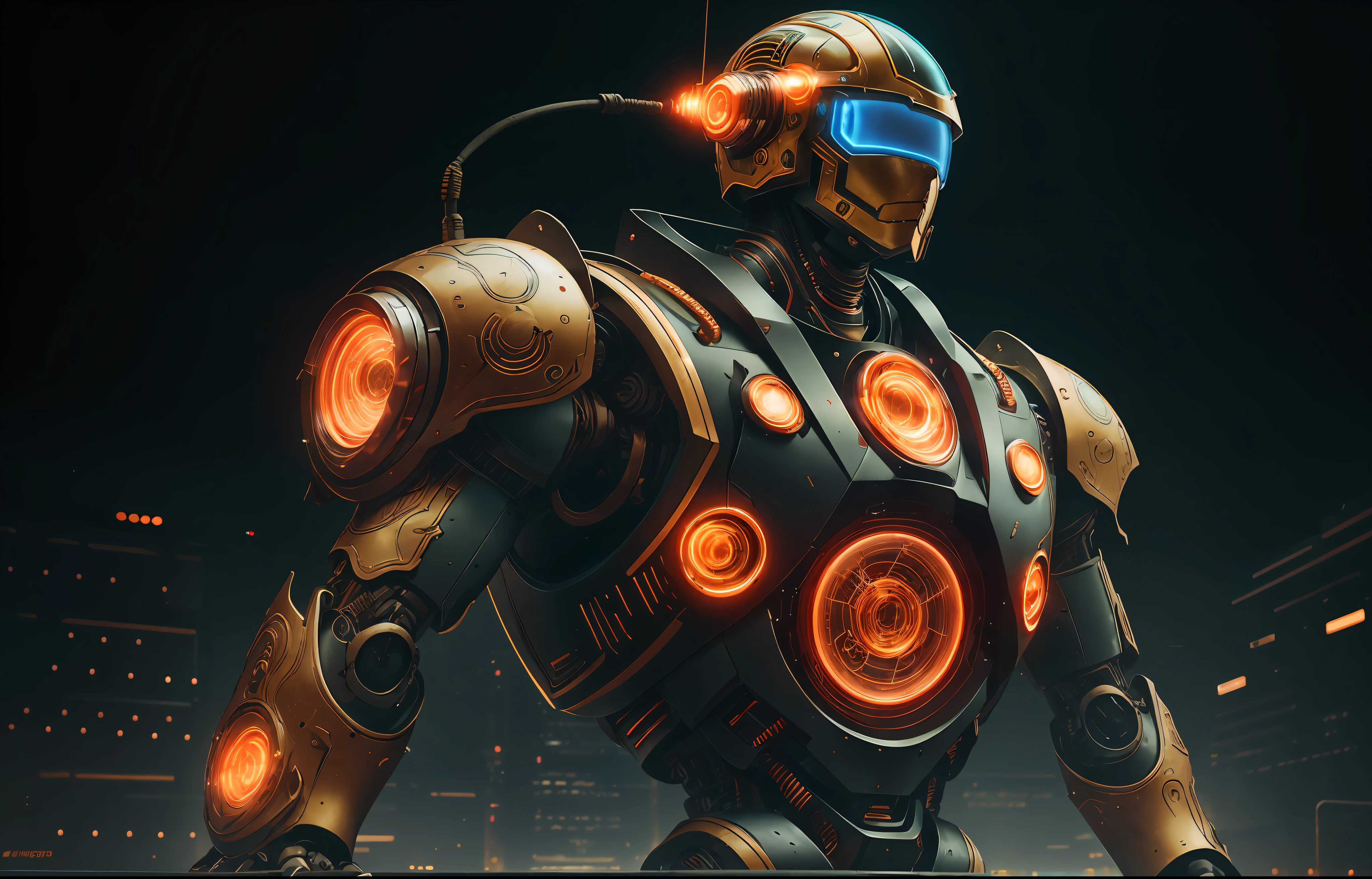 a close up of a mshn robot , futobot, cyborg ,  wearing  cyberhelmet glowing circle , battle armor, mshn factory, tubes connected to neck, neon light
photorealistic, masterpiece, best quality, 35mm film, film grains, cyberpunk,EbonyGoldAI