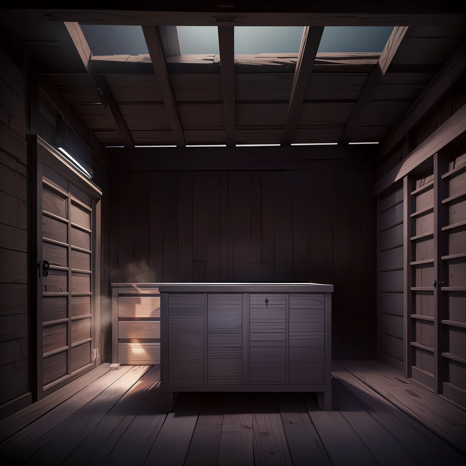 Dark, empty shed with a closed white chest in the center, Front view, obra-prima, melhor qualidade, realista, fotorrealista, cinematic wonder, 8k, uhd, foco nítido