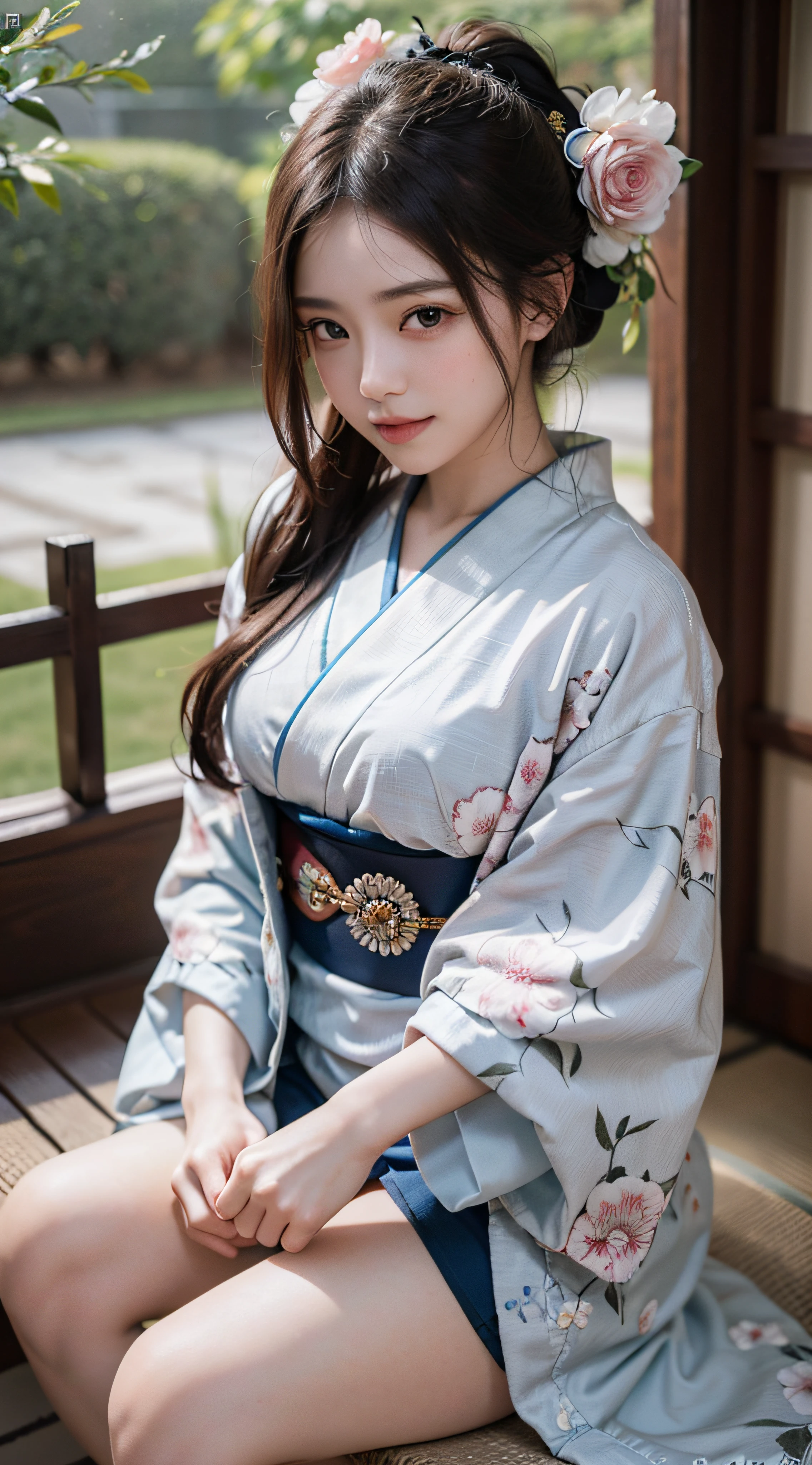 (Photorealsitic:1.4), (Top image quality:1.0), (超A high resolution:1.0), 8K, Raw photography, (​masterpiece:0.2), (pureerosface_v1:0.5)、(Best Quality Detail:1.2)、realisitic、8K UHD、hight resolution、(1girl in:1.2)、The ultra-detailliert、High quality textures、intricate detailes、detaileds、Very detailed CG、High quality shadows、Detail Beautiful delicate face、Detail Beautiful delicate eyes、depth of fields、Ray traching,1girl in, japanaese girl, Cute, slender, Black kimono, Kimono with Japanese pattern,Floral scrunchie, Beautiful skin, Facing the front,Sit down, Sit upright and say thank you,Align your hands elegantly,Smile faintly The Land of Japan,Japanese garden,Luxury Japanese-style room, skyporn, Magic Hour, (Realistic:1.3), Finely detailed, quality, (masutepiece:1.2), (Photorealistic:1.2), (Best Quality), (Intricate details), Dramatic, Ray tracing, photograph, +Lola