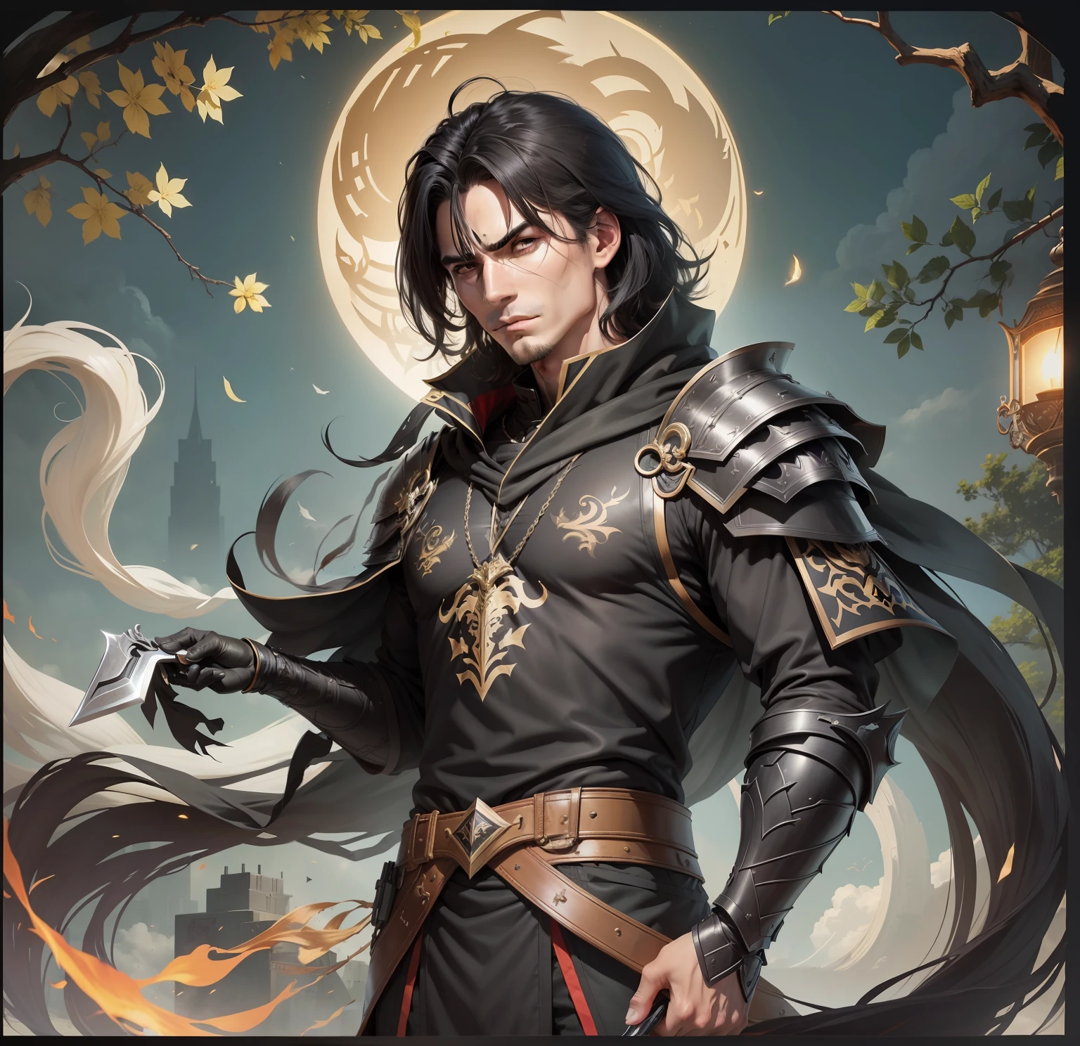 Please change their clothes to pure black armor，Bring him a black mask，He holds a handsome black knife in his hand
