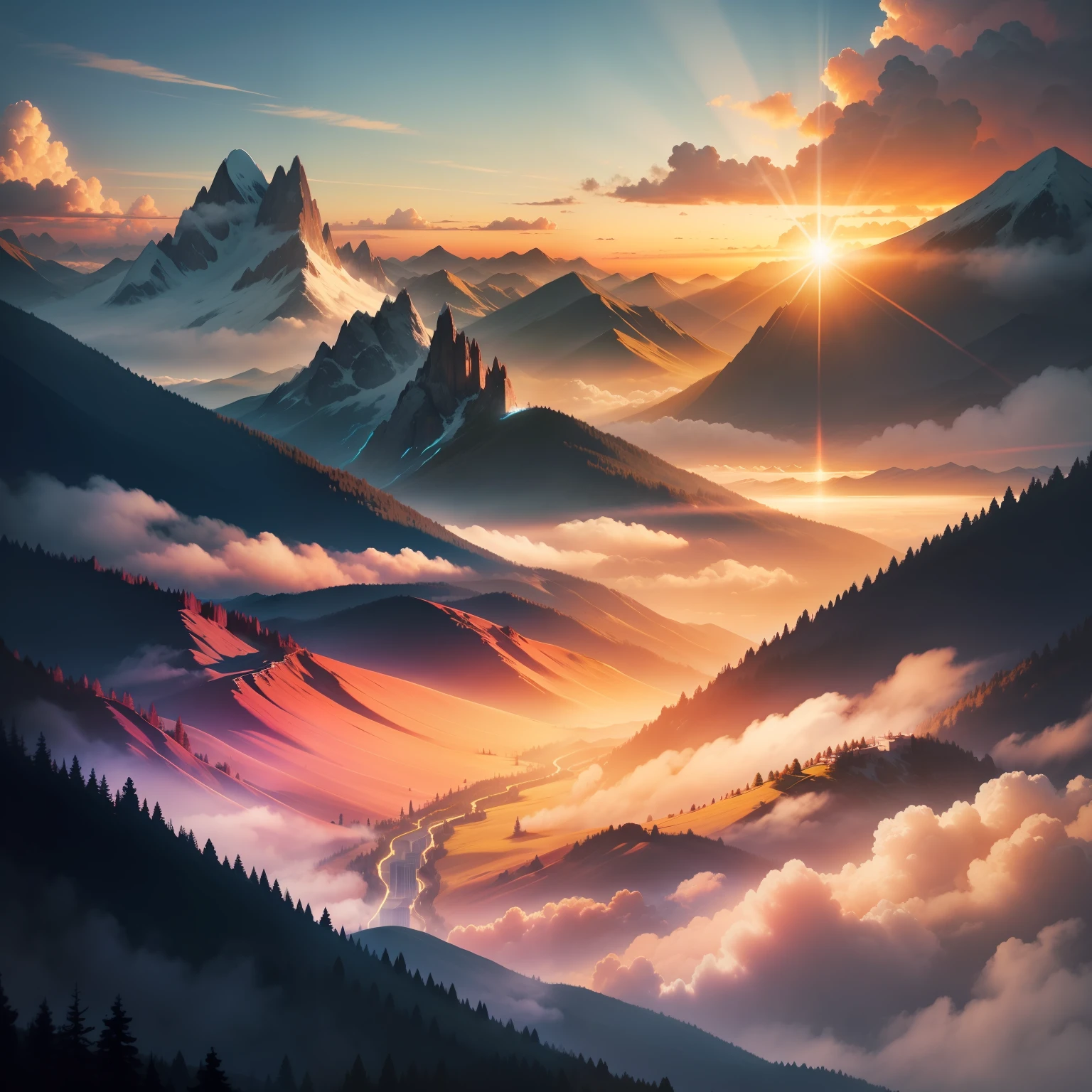 rays of sunshine,Rolling mountains,rosy clouds,Burning clouds,Dingdall effect