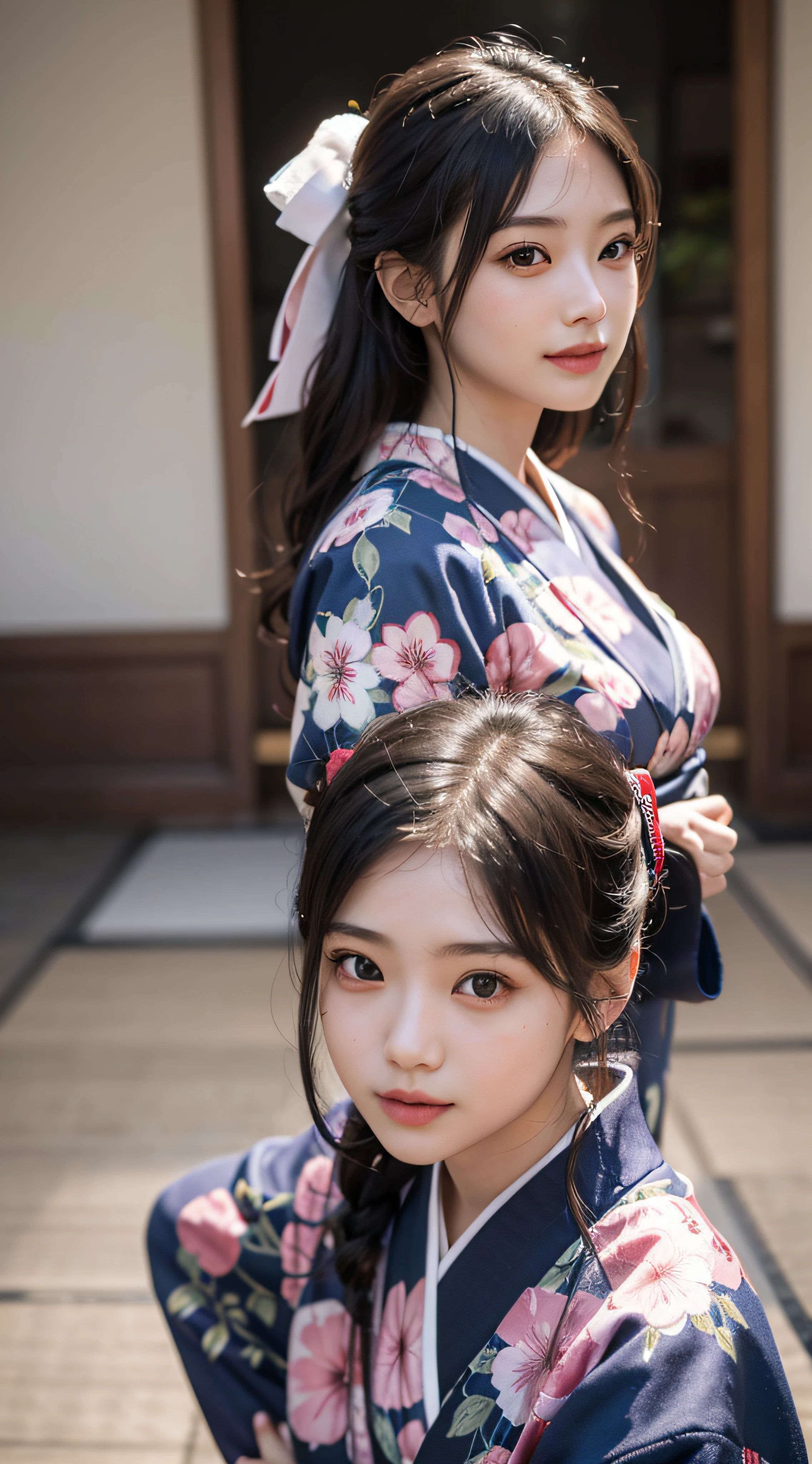 (Photorealsitic:1.4), (Top image quality:1.0), (超A high resolution:1.0), 8K, Raw photography, (masterpiece:0.2), (pureerosface_v1:0.5)、(Best Quality Detail:1.2)、realisitic、8K UHD、hight resolution、(1girl in:1.2)、The ultra-detailliert、High quality textures、intricate detailes、detaileds、Very detailed CG、High quality shadows、Detail Beautiful delicate face、Detail Beautiful delicate eyes、depth of fields、Ray traching,1girl in, japanaese girl, Cute, slender, Black kimono, Kimono with Japanese pattern,Floral scrunchie, Beautiful skin, Facing the front,Sit down, Sit upright and say thank you,Align your hands elegantly,Smile faintly The Land of Japan,Japanese garden,Luxury Japanese-style room, skyporn, Magic Hour, (Realistic:1.3), Finely detailed, quality, (masutepiece:1.2), (Photorealistic:1.2), (Best Quality), (Intricate details), Dramatic, Ray tracing, photograph, +Lola