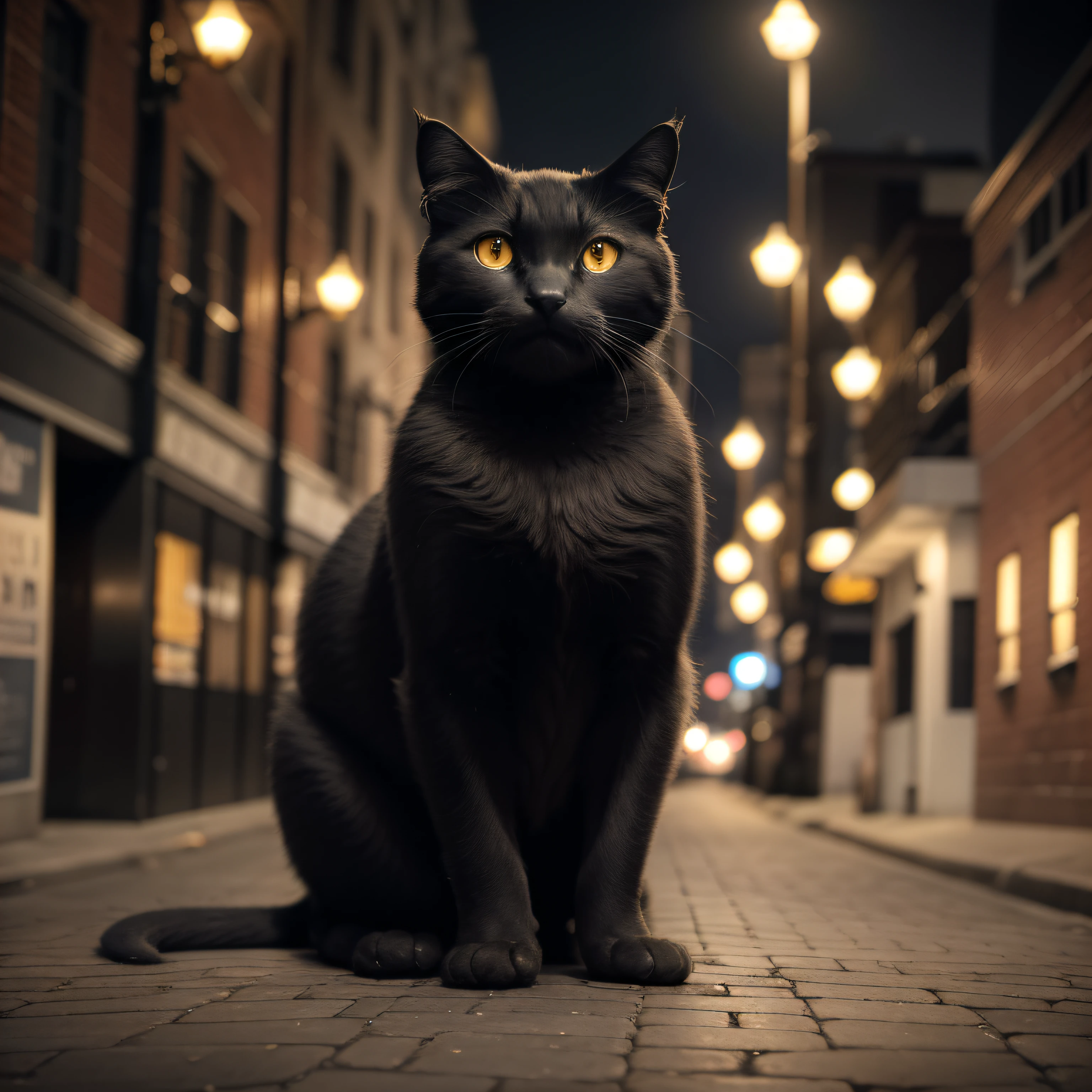 masterpiece, absurdres, high quality, realistic,
black cat looking at viewer, sad eyes,
street alley, street lights, night,
20 megapixel, detailed, movie grain