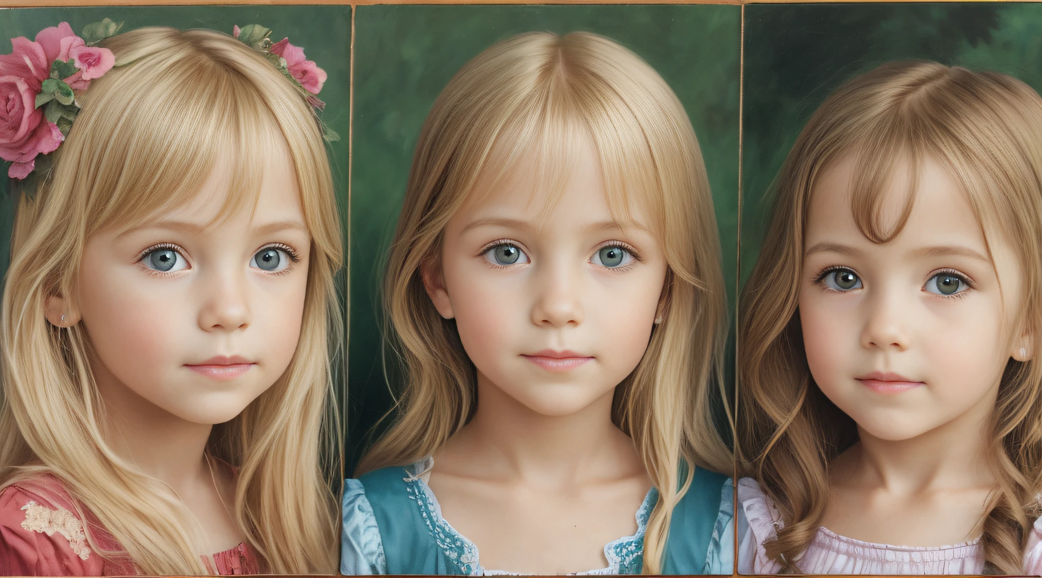 Um meio corpo, Portrait of 3 girls German children long blonde hair TRAIDS , jaquetas couro AMARELAS, COM VELAS ACESSAS.