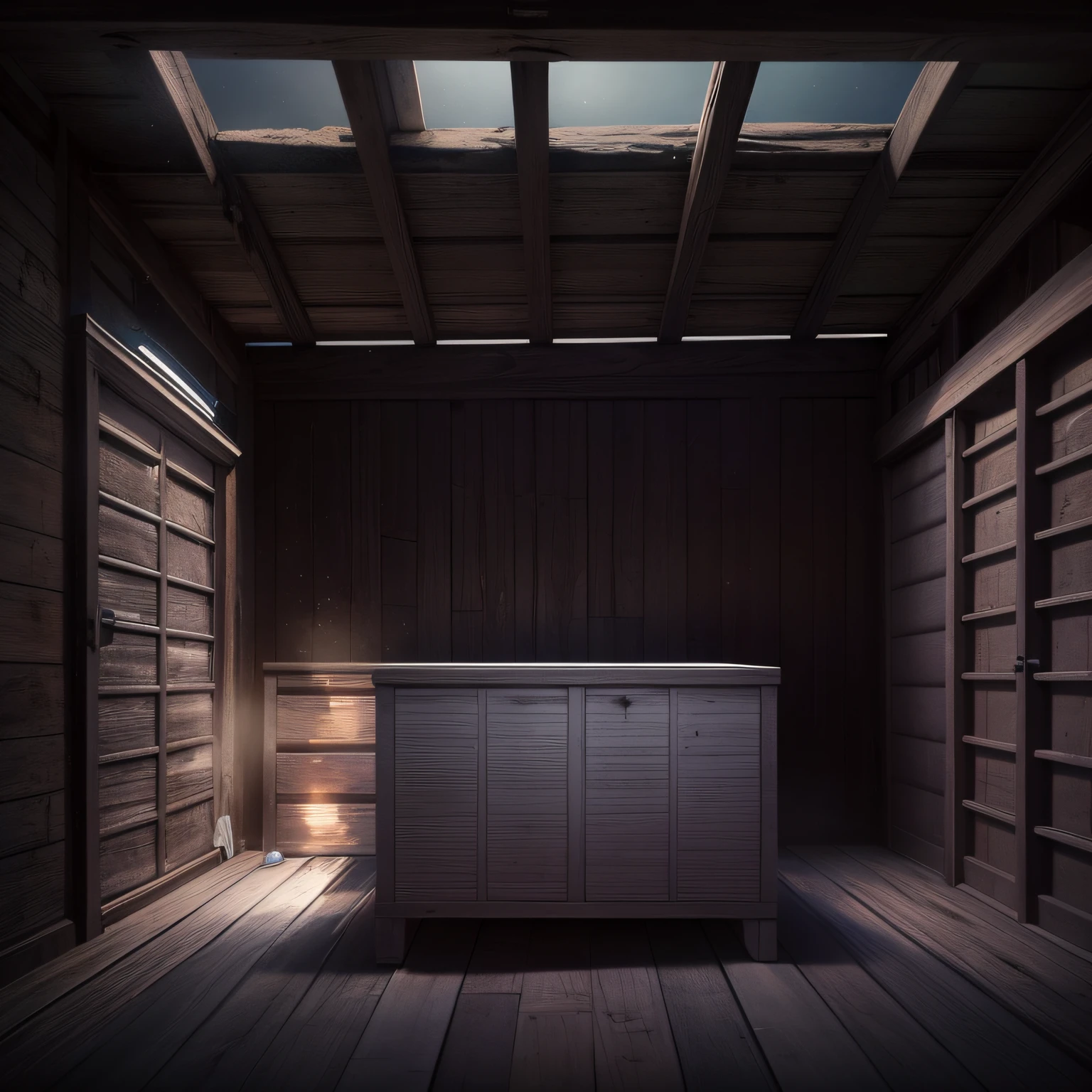 Dark, empty shed with a closed white chest in the center, Front view, obra-prima, melhor qualidade, realista, fotorrealista, cinematic wonder, 8k, uhd, foco nítido