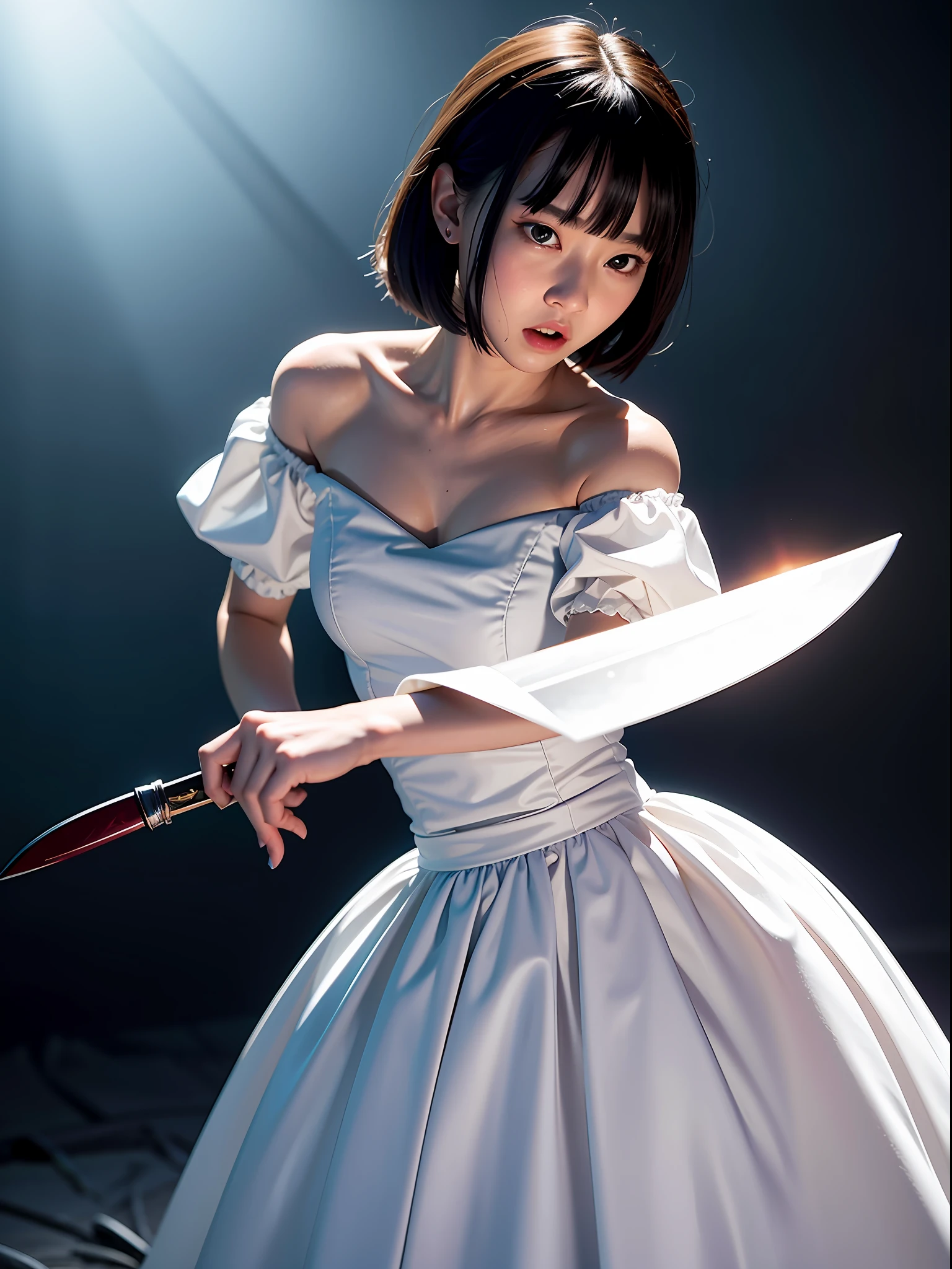 8K、Top image quality、masterpiece、25-years old、(1 adult female)、White Off Shoulder Dress、Horror style、angry expressions、The dim、A knife with blood glows suspiciously、She's pretty excited、She holds a knife in the dim light、Glaring at us