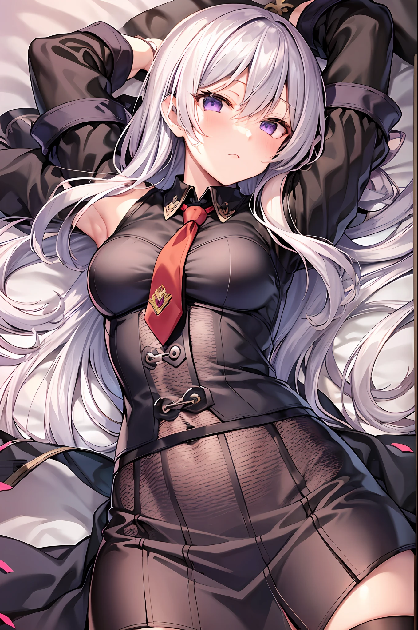 1elaina, purple eyes, black shirt, silver hair, red necktie, lying, on back, bed, arms up, military uniform, small breasts, pencil skirt, masterpiece, highres, best quality