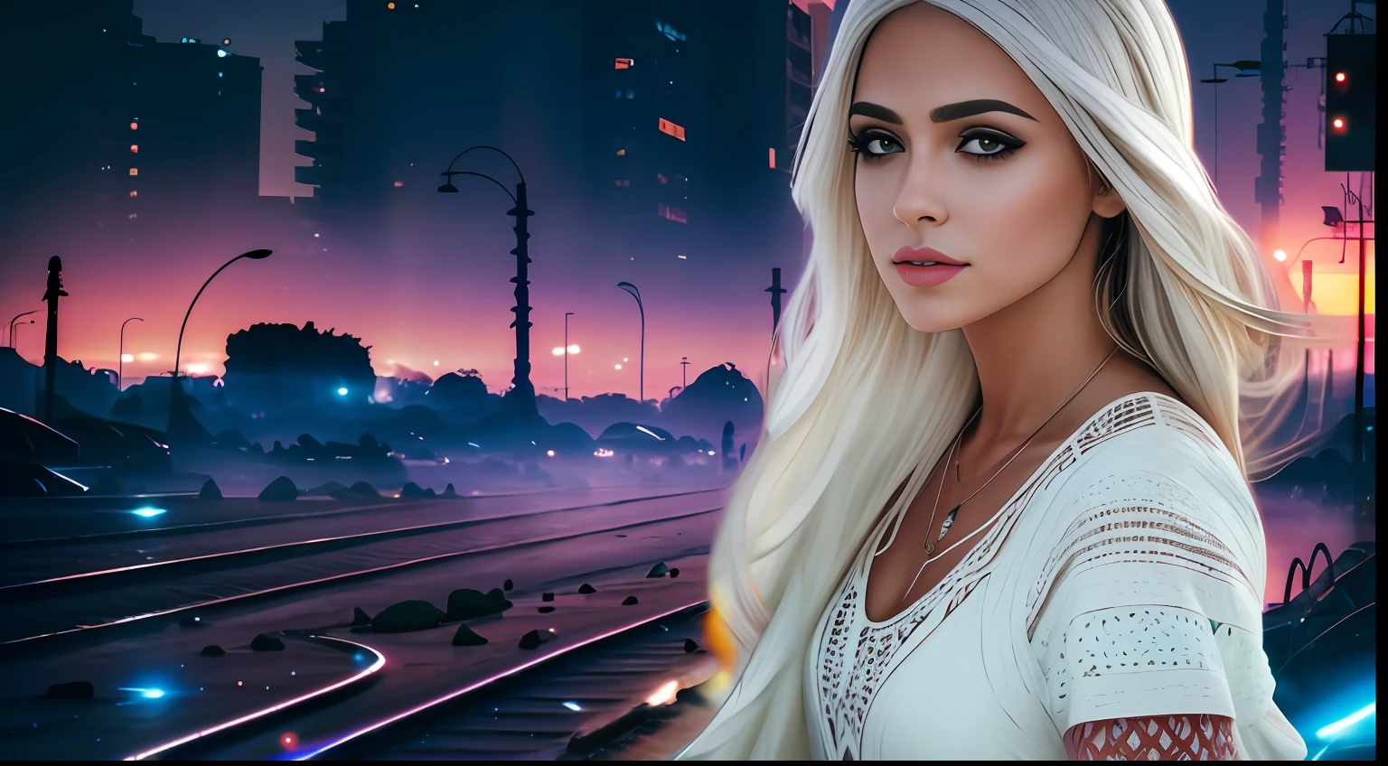 sun sunset, brilho da noite, vista distante, realista, cores ricas, lindo e colorido, lente grande angular, filming at night, filme positivo, estilo naturalista, High Definition Footage. O rosto de uma mulher camponesa com cabelos longos maravilhoso