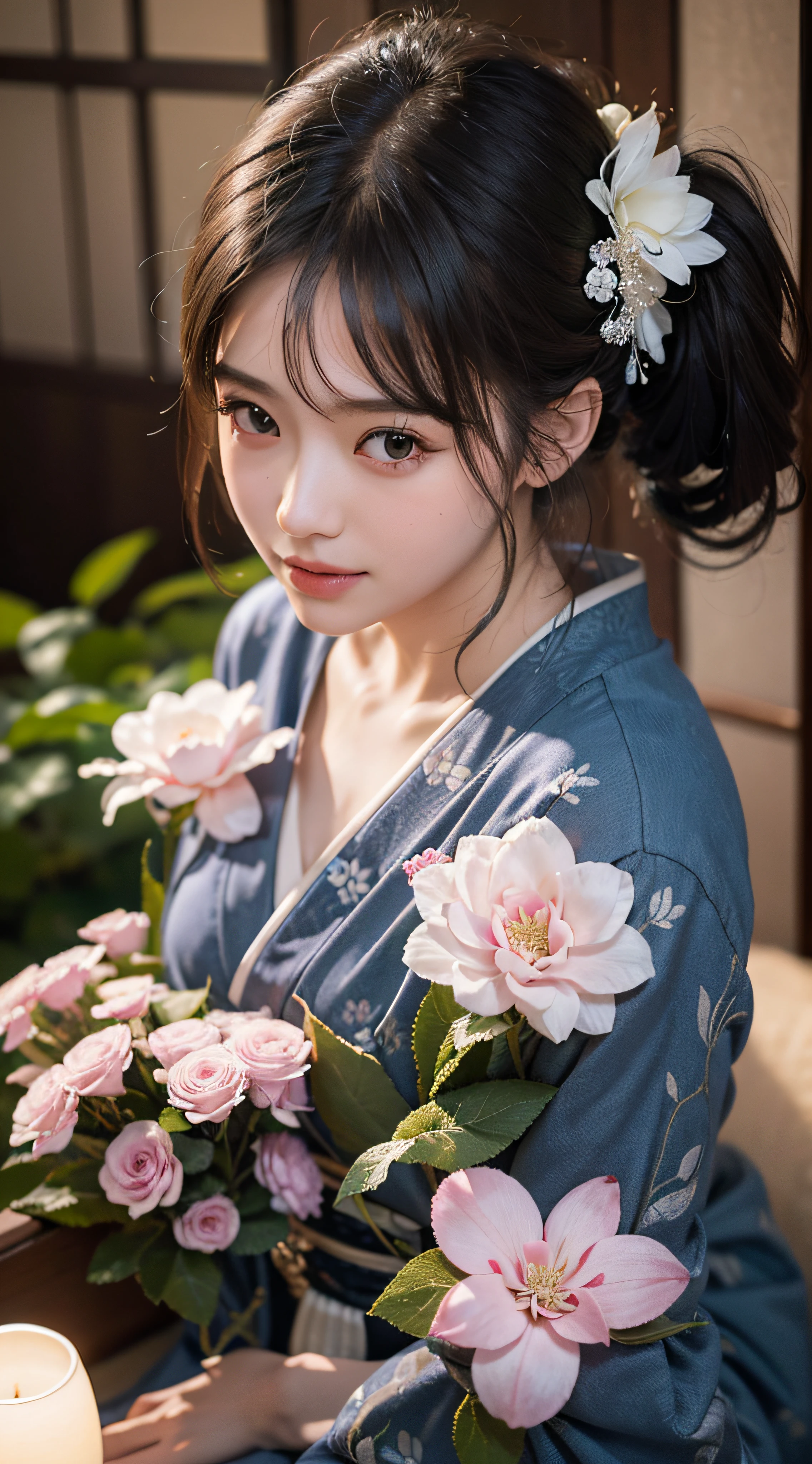 (Photorealsitic:1.4), (Top image quality:1.0), (超A high resolution:1.0), 8K, Raw photography, (masterpiece:0.2), (pureerosface_v1:0.5)、(Best Quality Detail:1.2)、realisitic、8K UHD、hight resolution、(1girl in:1.2)、The ultra-detailliert、High quality textures、intricate detailes、detaileds、Very detailed CG、High quality shadows、Detail Beautiful delicate face、Detail Beautiful delicate eyes、depth of fields、Ray traching,1girl in, japanaese girl, Cute, slender, Black kimono, Kimono with Japanese pattern,Floral scrunchie, Beautiful skin, Facing the front,Sit down, Sit upright and say thank you,Align your hands elegantly,Smile faintly The Land of Japan,Japanese garden,Luxury Japanese-style room, skyporn, Magic Hour, (Realistic:1.3), Finely detailed, quality, (masutepiece:1.2), (Photorealistic:1.2), (Best Quality), (Intricate details), Dramatic, Ray tracing, photograph, +Lola