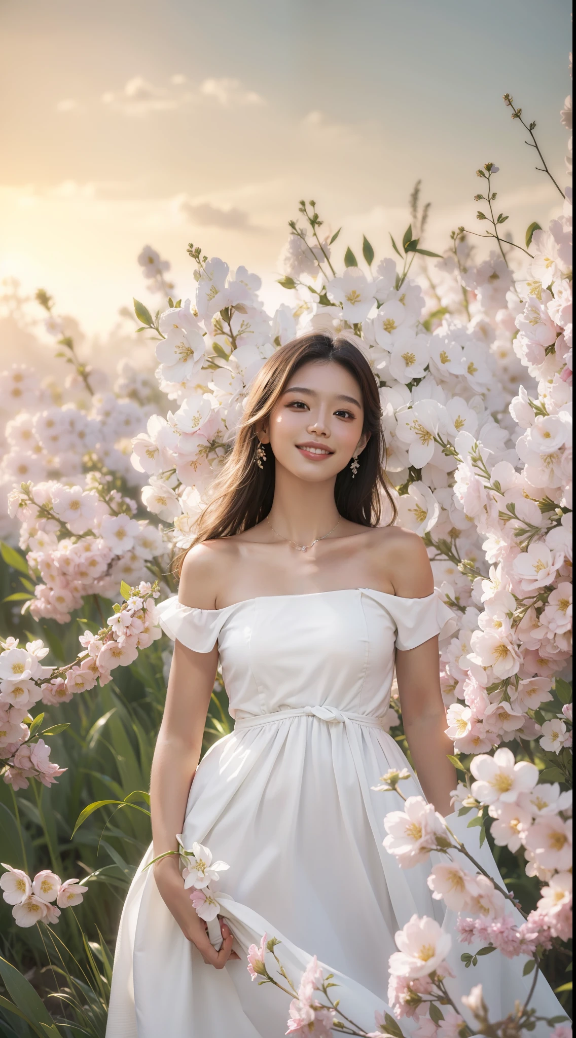 Best quality, masterpiece, ultra high res, (photorealistic:1.4), raw photo, 1girl, white dress, off shoulder, blossom flower field, glowing skin, light smile