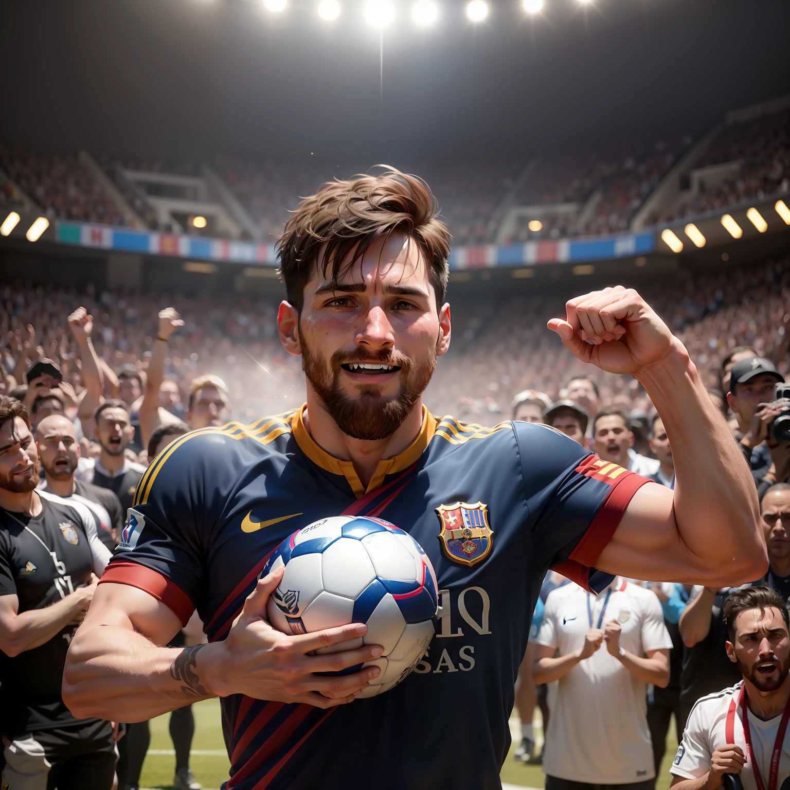 Craft an astonishingly hyperrealistic image that captures the essence of Lionel Messi's face, exuding a mix of jubilation, pride, and determination as he lifts the World Cup trophy while donning the iconic Argentina jersey. Employ my photographic capabilities to emphasize the minute details of his expressions and features, creating a moment of triumph and glory that feels incredibly lifelike.
Messi's face radiates pure joy and pride as he clutches the World Cup trophy in his hands. His eyes, a warm shade of brown, reflect the triumphant emotions he experiences in this historic moment. The camera expertly captures the sparkle in his eyes, as the joy of achieving the ultimate dream shines through.
A light sheen of sweat adorns Messi's forehead, adding authenticity to the scene as he celebrates his team's victory. The camera's hyperrealistic rendering accentuates the perspiration, conveying the intensity and excitement of the match that led to this glorious moment.
His forehead, adorned with lines of relief and happiness, adds a sense of authenticity to his expressions. The camera captures the subtle creases and contours, highlighting the significance of winning the World Cup and fulfilling a lifelong dream.
Messi's cheeks flush with a mixture of elation and emotion, showing the impact of this momentous victory. The camera renders the soft blush with meticulous precision, adding depth and realism to the scene.
His lips, curved into an exultant smile, capture the sheer elation of the moment. The camera expertly renders each nuance of his mouth, portraying the immense happiness that reverberates through his expression.
Messi's iconic beard, meticulously maintained, enhances his regal aura as he stands as a champion. The camera renders each strand with remarkable accuracy, capturing the character and elegance that his beard adds to his overall demeanor.
As Messi hoists the World Cup trophy, the stadium lights bathe his face in a golden glow, enhancing the sense of
