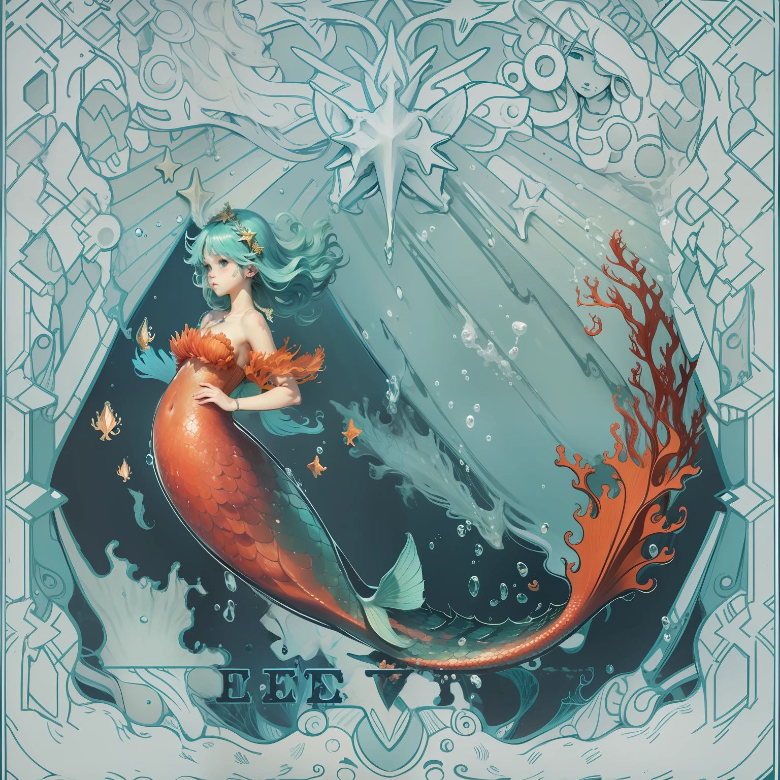 1girll, Underwater, ocean floor, Coral and vine tendrils abound, A (mermaid) ,Male to female