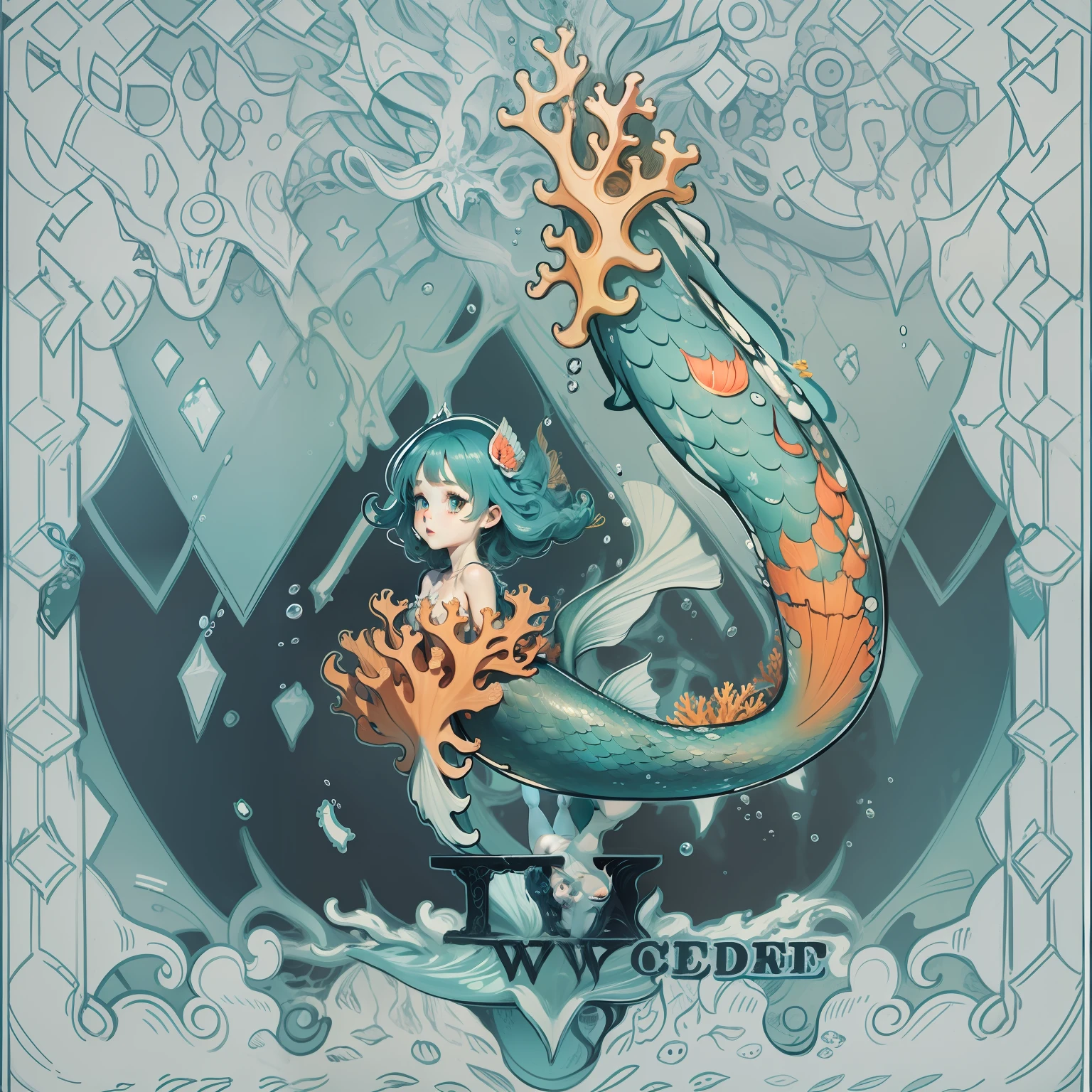1girll, Underwater, ocean floor, Coral and vine tendrils abound, A (mermaid) ,Male to female