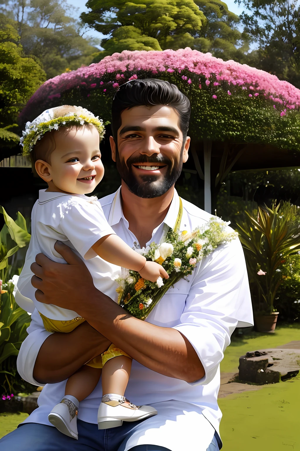 (64 mil, Foto RAW, melhor qualidade, obra-prima: 1.2), ultra-detalhado, arte formal, renderizado: 1.37, foto na parte superior do corpo, (A HAPPY MAN HOLDING A HAPPY BABY IN HIS LAP) ((EM UM PARQUE BONITO),Beleza, ,sorrindo e ele sorri, pose IN FOOT and,Cheio de flor cor-s flores borboletas )and birds),detalhes,rosas,flores),detalhes