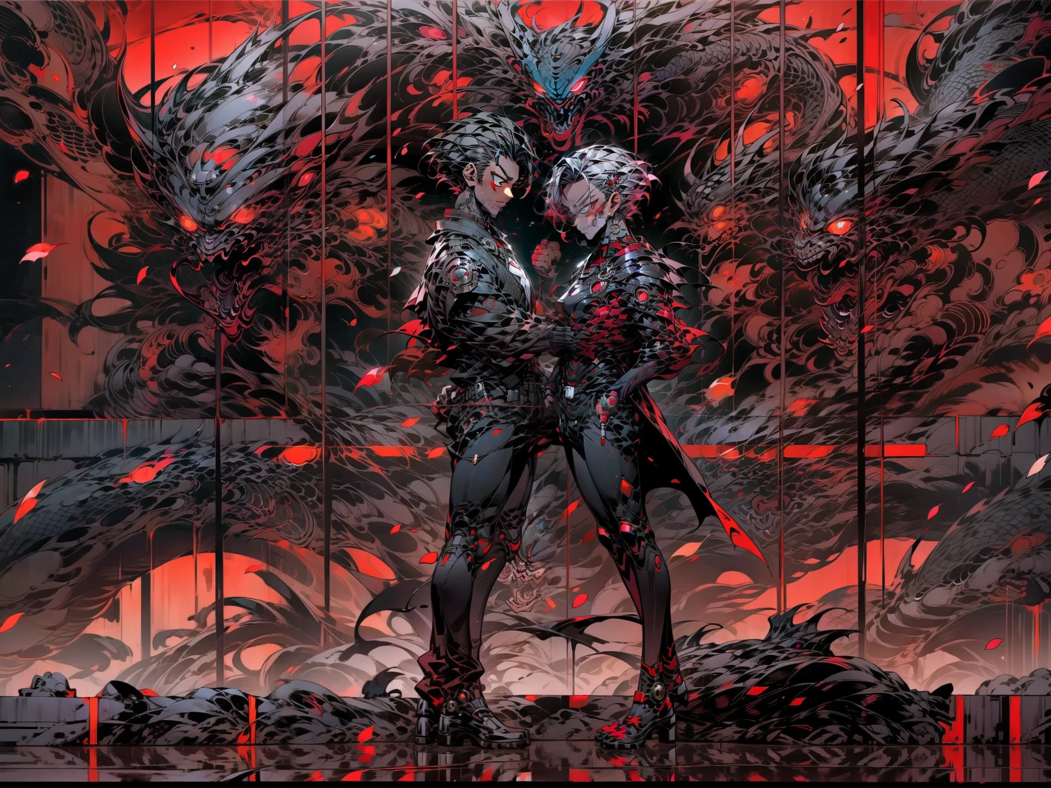 3D character King Glory Hero Kai, Mad iron, Marvel (full bodyesbian:1.2),, are standing,Look at each other, urban backdrop, universe background, 3D, C4D,, Masterpiece,Best quality,(red gradient background:1.1)