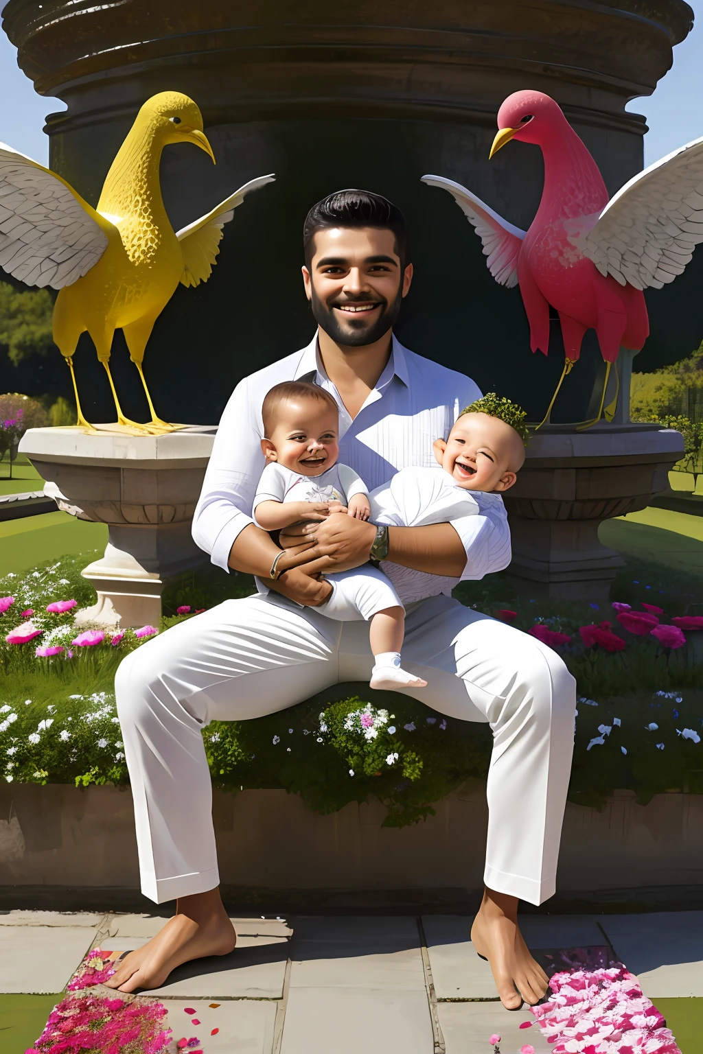 (64 mil, Foto RAW, melhor qualidade, obra-prima: 1.2), ultra-detalhado, arte formal, renderizado: 1.37, foto na parte superior do corpo, (A HAPPY MAN HOLDING A HAPPY BABY IN HIS LAP) ((EM UM PARQUE BONITO),Beleza, ,sorrindo e ele sorri, pose IN FOOT and,Cheio de flor cor-s flores borboletas )and birds),detalhes,rosas,flores),detalhes