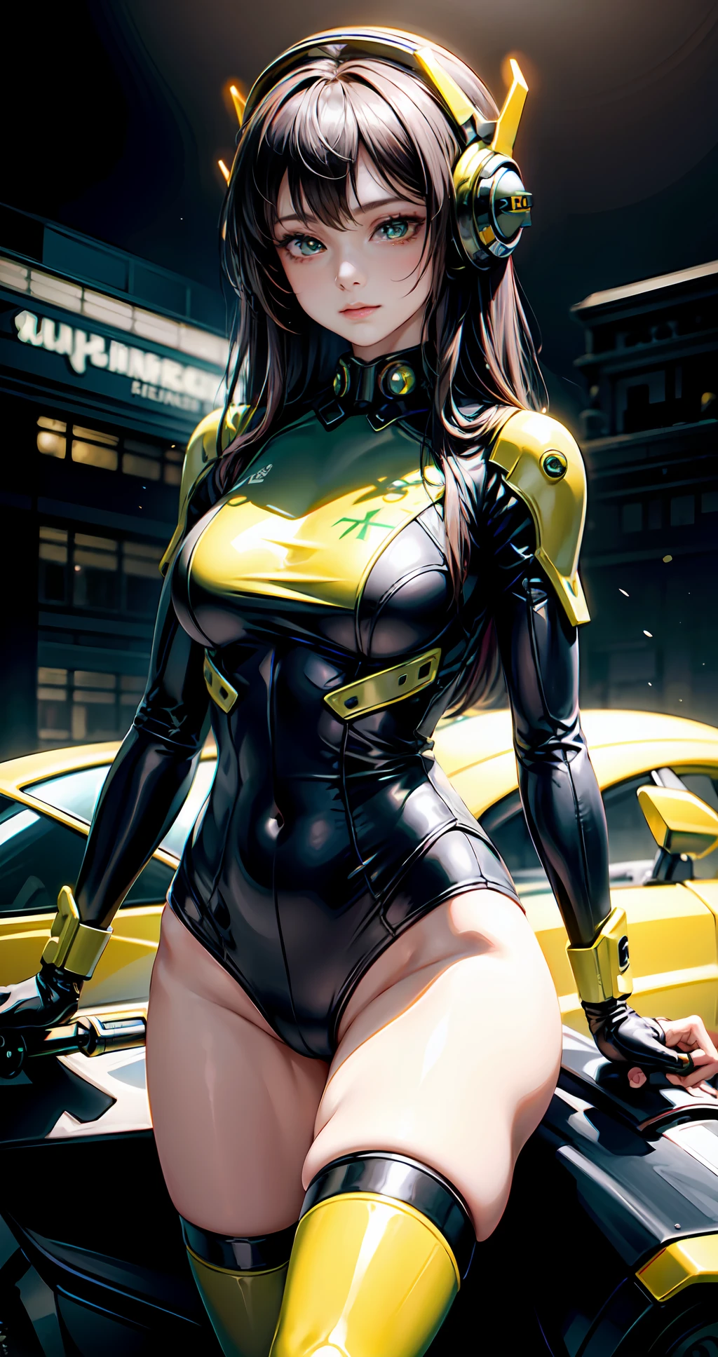 Highest image quality, outstanding details, ultra-high resolution, (realism: 1.4), the best illustration, favor details, highly condensed 1girl, with a delicate and beautiful face, dressed in a black and green mecha, wearing a mecha helmet, holding a directional controller, riding on a motorcycle, the background is a high-tech lighting scene of the future city.