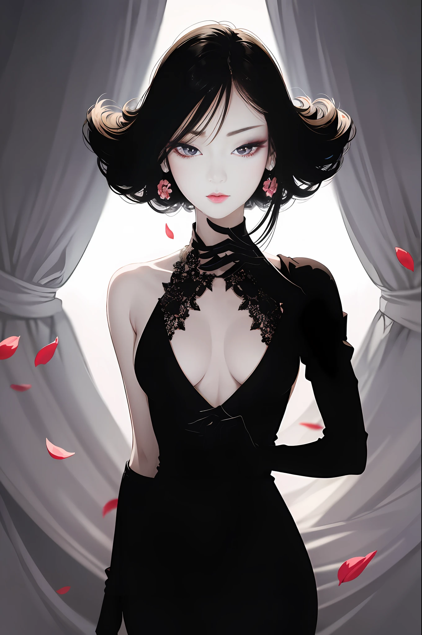 tsuruta ichiro, Narrow-eyed, 1girl in, Allback、deadpan、short-hair、shorth hair、brow、Reluctance、A dark-haired、Tucked Hair Solo, Cowgirl, Onepiece, ((mideum breasts)), Thin slit eyes、Black eyes, Light shines on the eyes、Black hair, gloves, Dress, Luxurious Jewelry, earrings, sharp eye、 elbow groves,Raise your hands and tie your hair back, random color, random color dress, Makeup for long eyes, Slender eyes、lip stick, Complex petal pattern, Rim Light, Back Light, pastel color,Studio Lighting