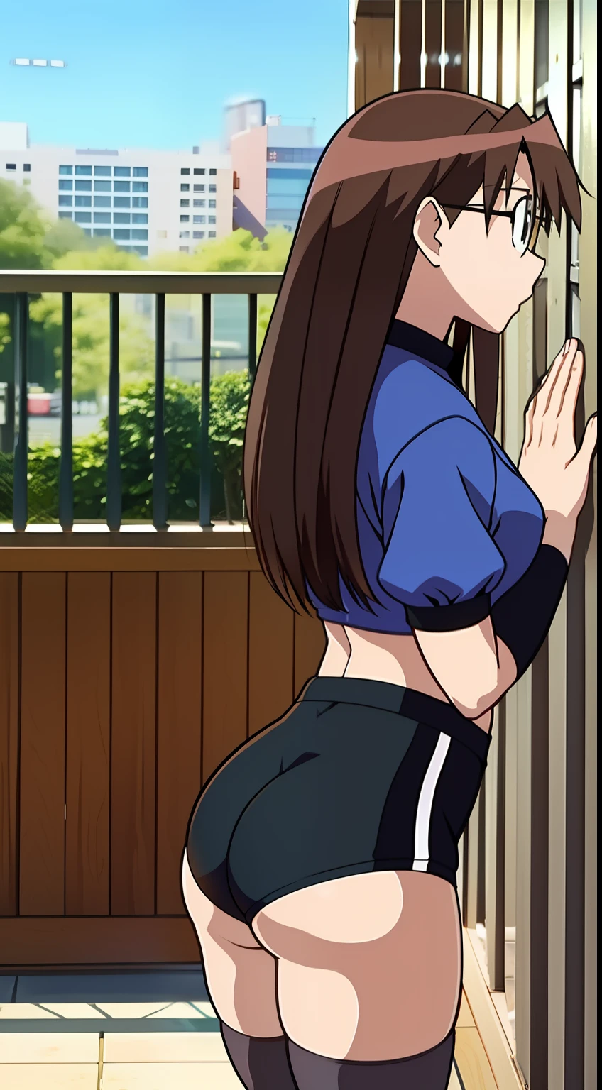 Koyomi Mizuhara, Brown hair, long hair, glasses, face, features, fit body, large breasts, tucked in Tight shirt, black Nike biker shorts, socks, sneakers, gym background, view from behind, tight butt cheeks, skin tight, wallpaper, mooning, showing her firm ass