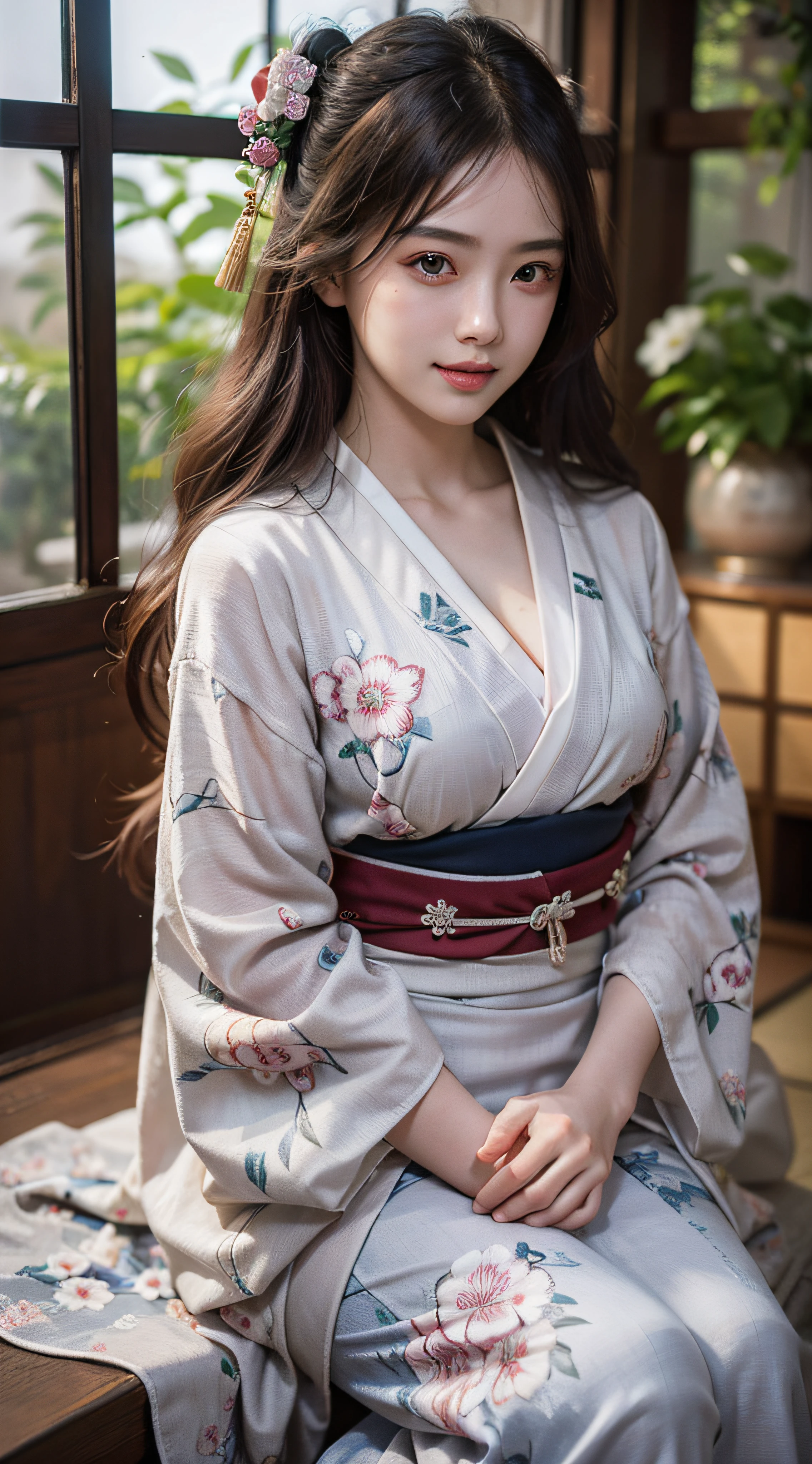 (Photorealsitic:1.4), (Top image quality:1.0), (超A high resolution:1.0), 8K, Raw photography, (masterpiece:0.2), (pureerosface_v1:0.5)、(Best Quality Detail:1.2)、realisitic、8K UHD、hight resolution、(1girl in:1.2)、The ultra-detailliert、High quality textures、intricate detailes、detaileds、Very detailed CG、High quality shadows、Detail Beautiful delicate face、Detail Beautiful delicate eyes、depth of fields、Ray traching,1girl in, japanaese girl, Cute, slender, Black kimono, Kimono with Japanese pattern,Floral scrunchie, Beautiful skin, Facing the front,Sit down, Sit upright and say thank you,Align your hands elegantly,Smile faintly The Land of Japan,Japanese garden,Luxury Japanese-style room, skyporn, Magic Hour, (Realistic:1.3), Finely detailed, quality, (masutepiece:1.2), (Photorealistic:1.2), (Best Quality), (Intricate details), Dramatic, Ray tracing, photograph, +Lola