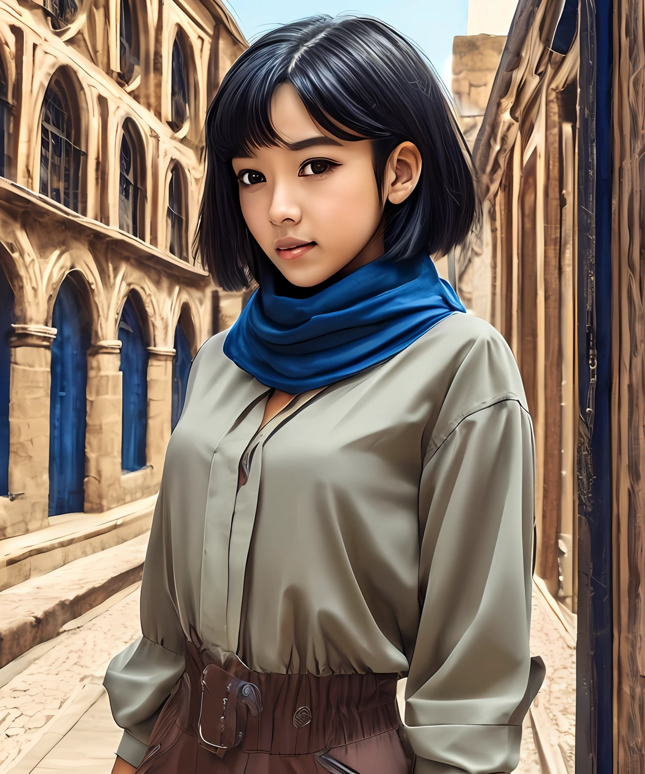 a girl with black hair and wearing a short haircut, light skin, brown eyes, and in her would be a medieval style but would be poor common clothes simple pants and a simple shirt with no emphasis on a blue scarf around her neck --auto --s2