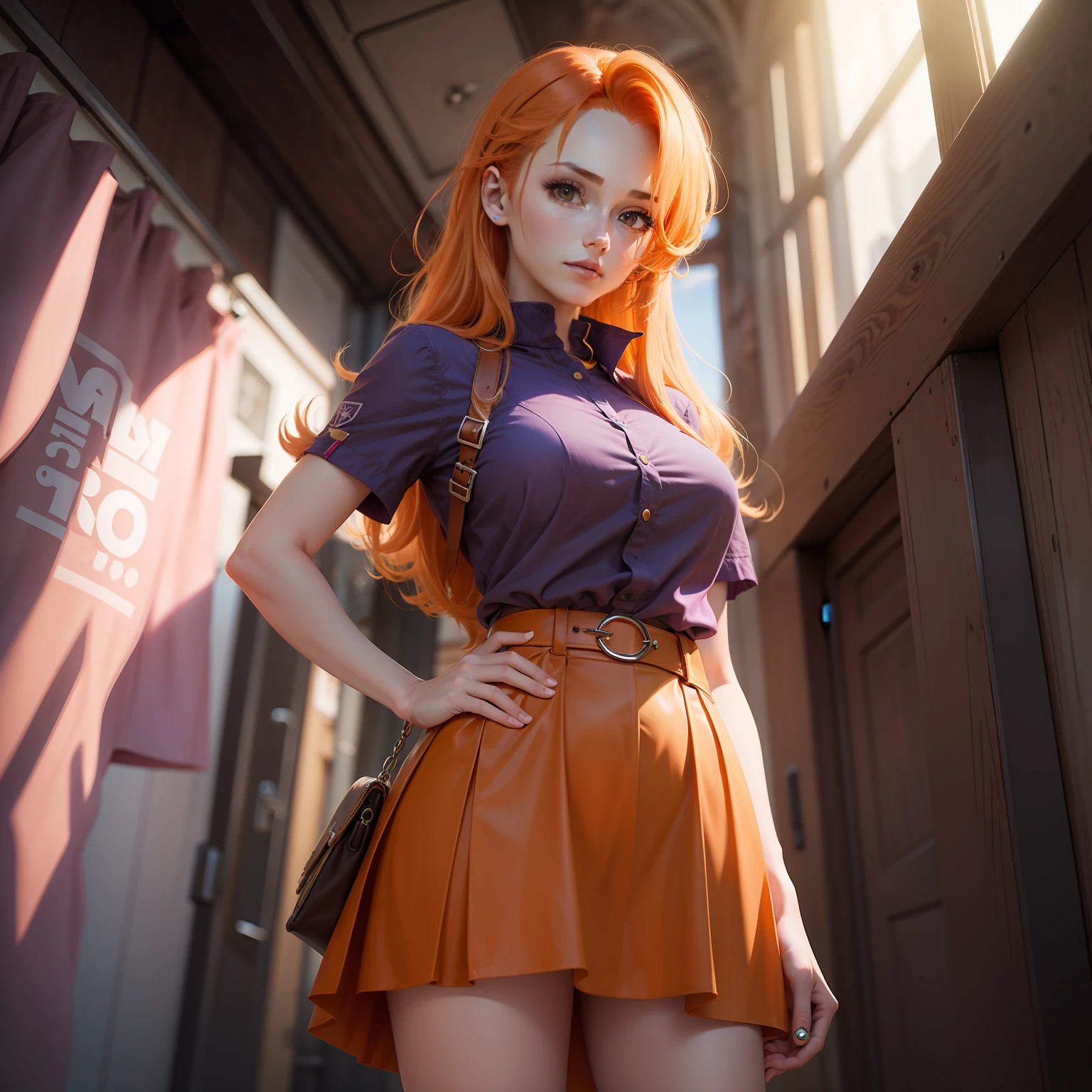 EXLorelei, orange hair, solo, purple skirt, hand pinched chin, brown eyes hand on hip