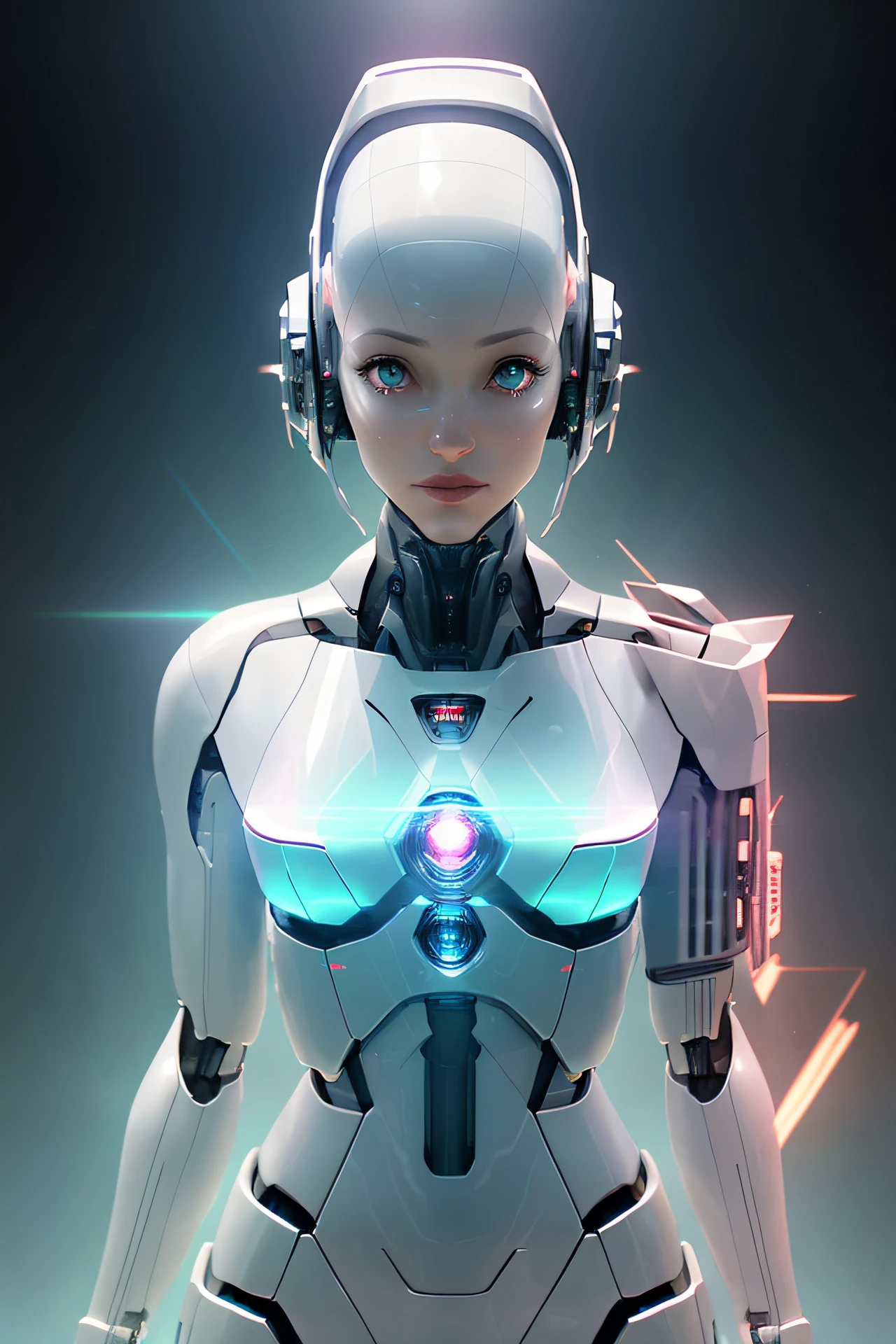 (single, alone , solo focus, american shot of :1.3) Kat Dennings gorgeous space cadet robot standing looking at camera in front of a star field with a blue light shining on her chest, symmetric perfect body, clear white skin, skin details, Shadow blue hair , depth of field, extremely intricate details, tight Dark sea green bodysuit, metallic cape, jet-pack boots, light pink eyes looking at camera, realistic proportions, combat pose, light beams out of hands, Artgerm, stanley artgerm lau, cyberpunk art, fantasy art, ( crystal face shield :1.1) , spaceships on the background