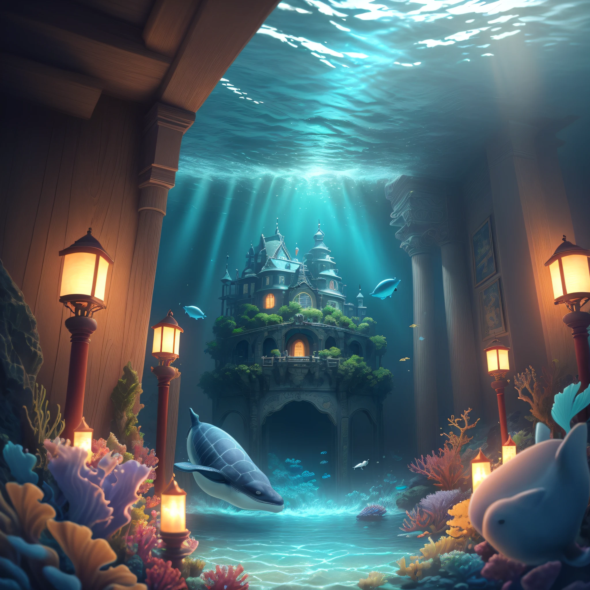 (underwater water world), there is a picture of an underwater scene with a castle, underwater city, underwater temple, underwater city, underwater temple, underwater temple with fish, masterpiece underwater scene, underwater temple The scene, the lost city of Atlantis, the underwater environment, the underwater environment, the ancient Chinese palace, (the little girl rides a whale and swims from afar), corals, sea turtles, jellyfish, many colorful sea fish, works of masters, Best picture quality, higher quality, high detail, super high resolution, depth of field, telephoto lens, glowing skin, abstract background, girl, beautiful girl, single person, long hair, sea, liquid background, colorful bubbles, fantasy , Cinematic Lighting, Ambiance Lighting, Natural Light Masterpiece, Best Quality, High Quality, Extremely Detailed CG Unity 8k Wallpaper, Oil Painting, Award Winning Photography, (Vision), Depth of Field, OC, Glow, Chromatic Aberration, Photorealism, Very detailed