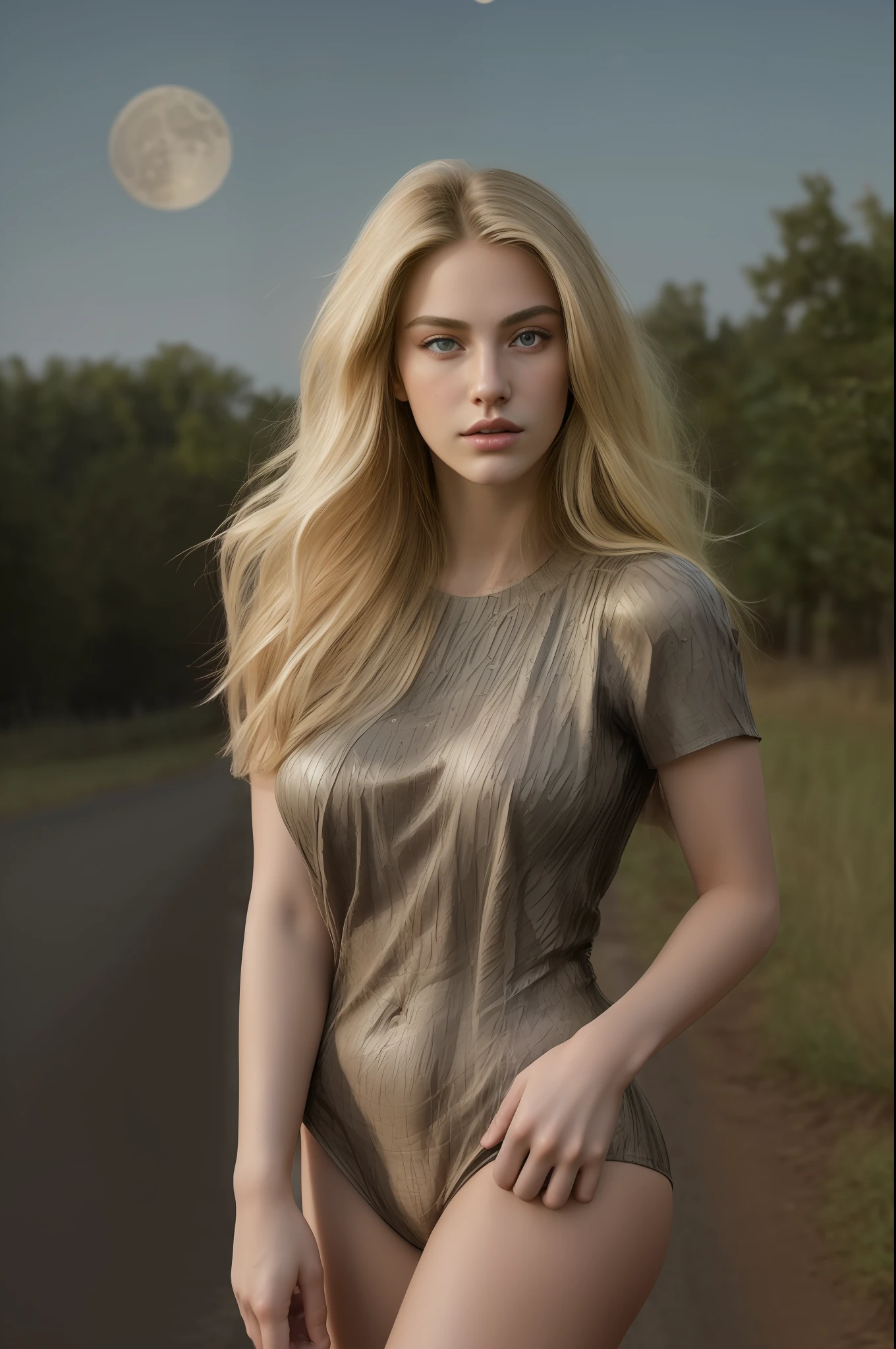 (masterpiece:1.5), (hyper realistic image:1.5), (high quality photography:1.5), sharp view, 16K, (high resolution:1.5), Full HD, ultra detailed image, sharp image, (full body portrait:1.5), (pose sexy:1.5), (hyperrealistic skin texture:1.5), a brunette woman with blonde hair standing in the middle of a dirt road, many trees on the sides of the road, (night with many stars:1.5), (gigantic full moon:1.5), cool, nice,