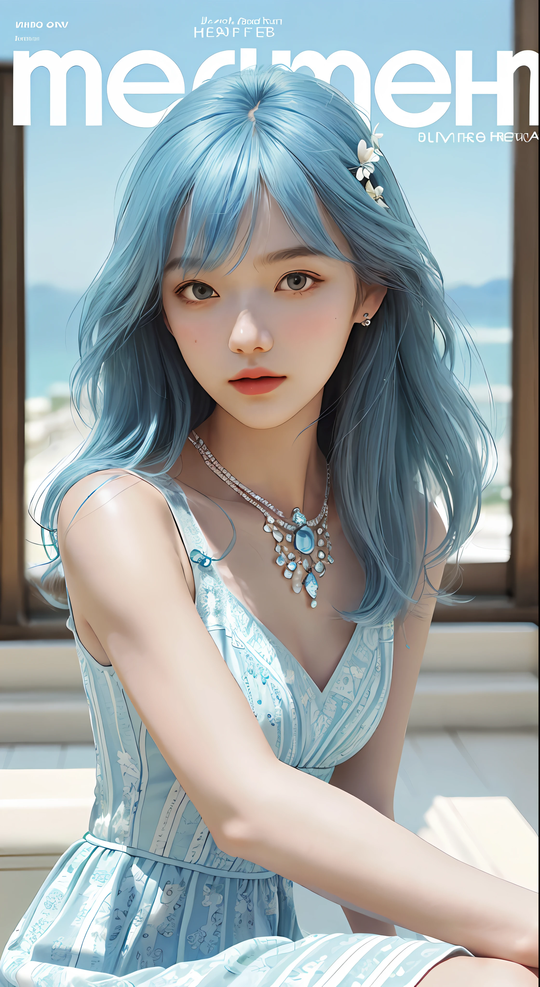 Masterpiece, Superb Style, Summer Dress, Color Hair, Indoor, Hotel, Magazine Cover, Upper Body, 1Girl, Delicate Hair, Arm Carving, Dream Blue Hair All Over, Delicate Shoes, Eye Carving, Delicate Hair, Clay Texture, Stepping on the Ground, Black and White Background, Natural Light, Best Quality, Ultra Detail, 8K, , (Facial Features to Be Clear)!!!! (The facial features are naturally rich, the character has only two legs and only five fingers on the hands)