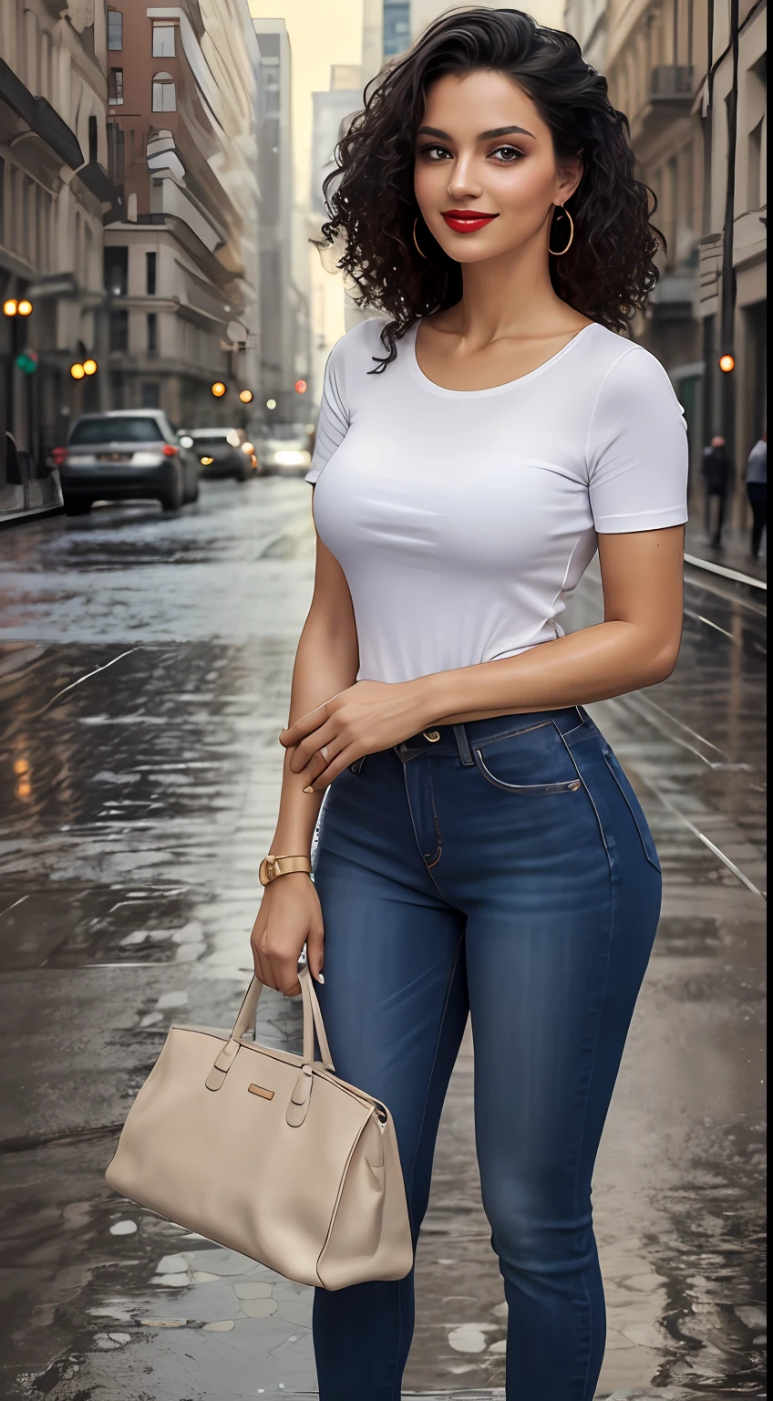 ((Best Quality, 8k, Masterpiece:1.3)), Focus: 1.2, Perfect Body Beauty: 1.4, front looking 1.2, ((Long weavy Hair)), (Blue round neck plain Tee-shirt, regular fitting:1.1) , (Rainy, Street:1.3), Dark blue skinny jeans, full length jeans: 1.1, Highly detailed face and skin texture, Detailed eyes, Double eyelids, toned body, Whitened skin, smile, black curly hair's, heels, perfect feet's, firm breasts, firm thiges, looking at camera, fashion shoot style, full body length tee-shirt, Short sleeves, high heels, beautiful feet's, casual jewelry, earrings, hand bangle's and golden watch, carrying brown handbag, golden neck chain, red lipstick, night rainy atmosphere, roads lights on, buildings light on, wet road, cars,