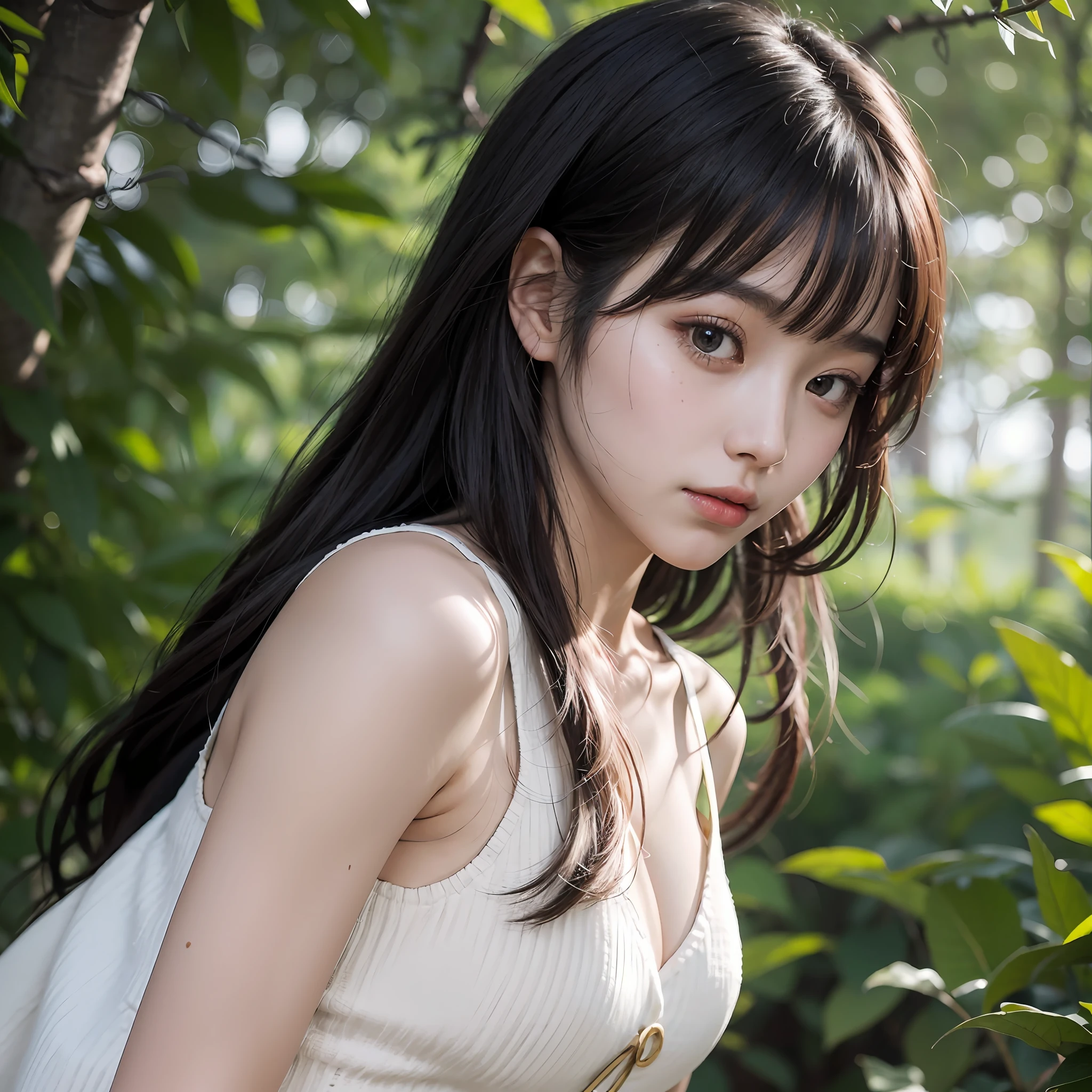 A girl,Korean girl,is very beautiful,Delicate and beautiful perfect facial features,Looks a lot like Kim Tae-yeon,Long hair with bangs,Foggy maple forest,Stand,White sleeveless thin strap vest,low chest,Perfectly proportioned body proportions,Top Korean KPOP idol,The girl next door with a pure temperament,