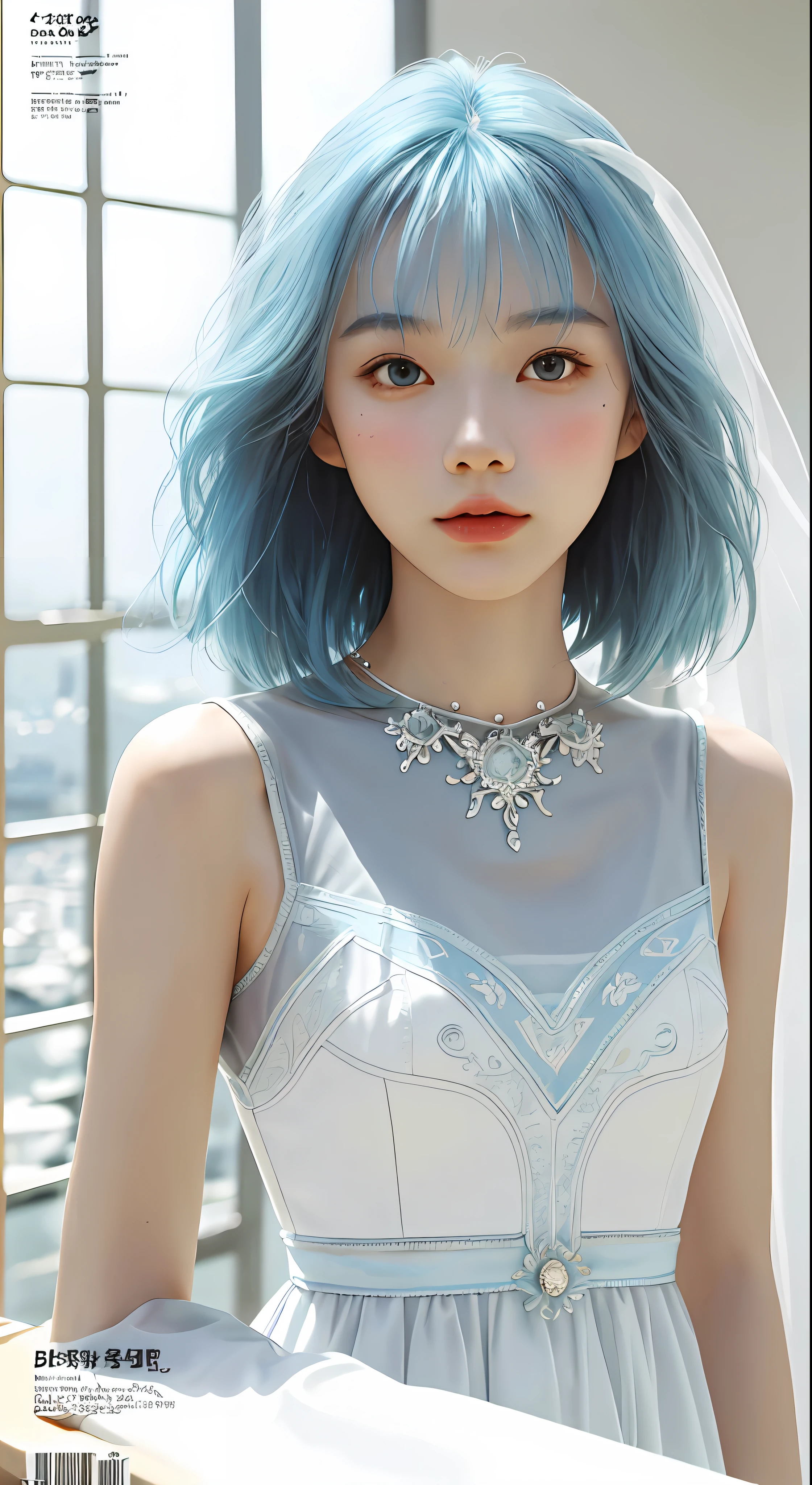 Masterpiece, Superb Style, Summer Dress, Color Hair, Indoor, Hotel, Magazine Cover, Upper Body, 1Girl, Delicate Hair, Arm Carving, Dream Blue Hair All Over, Delicate Shoes, Eye Carving, Delicate Hair, Clay Texture, Stepping on the Ground, Black and White Background, Natural Light, Best Quality, Ultra Detail, 8K, , (Facial Features to Be Clear)!!!! (The facial features are naturally rich, the character has only two legs and only five fingers on the hands)