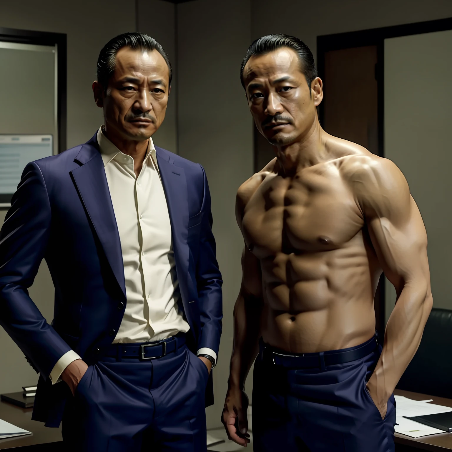 45 yers old,Hidetoshi Nakata,(Kogoro Mouri 1.3),Shirtless,Tong,Bulge,office room,Thin,musculature,lbeard,fortitude,artwork of a,tmasterpiece,k hd,Tong,two guys,Business suit,stocklings