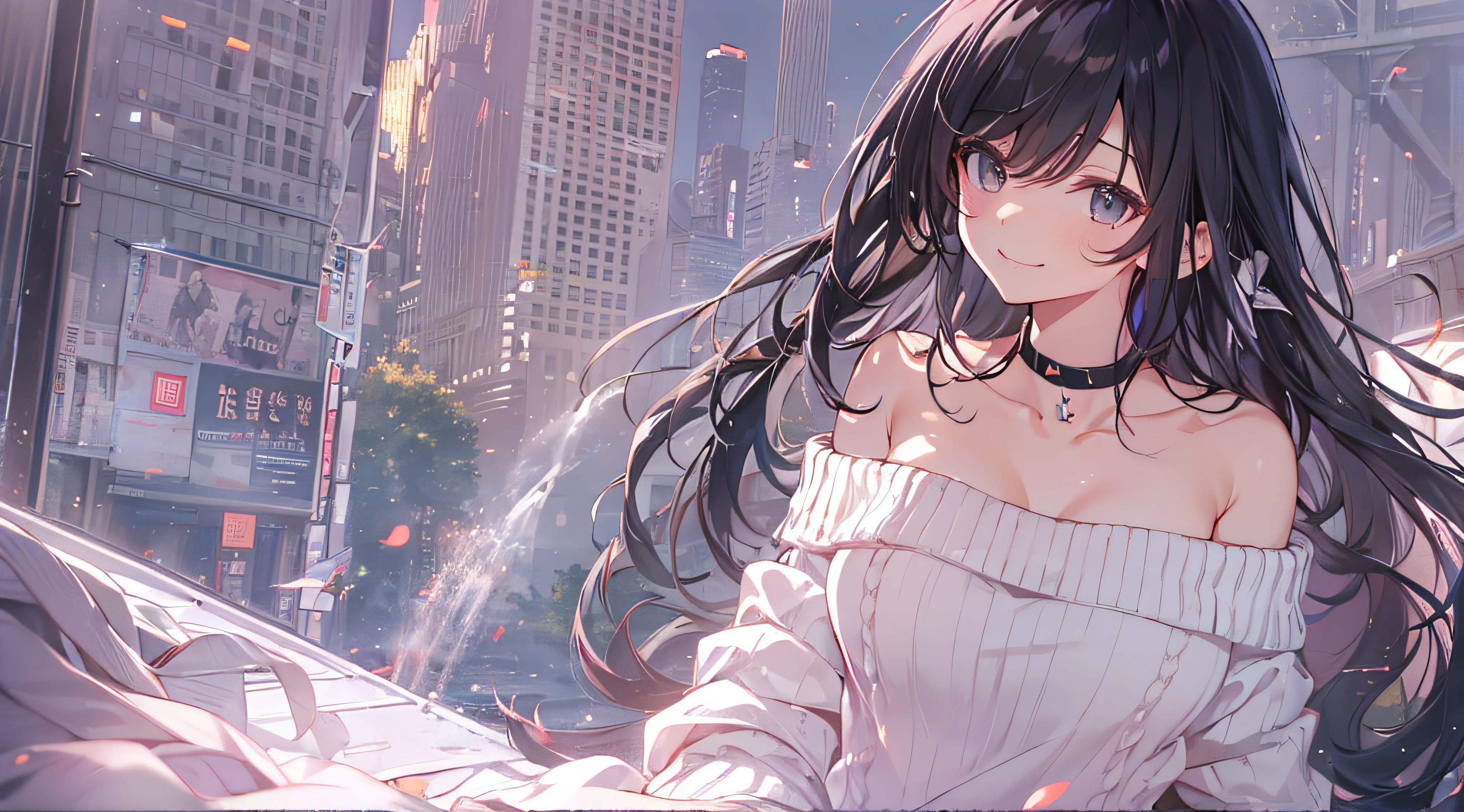 (((Chest opening off-shoulder sweater))) 、One Person、 Long black hair with slightly wavy hair、Black eyes、Superlative quality、((Top-notch image quality))、Neat and clean girls、beautiful a girl、Erotic look、Dainty girl、(((Poses)))、lightsmile、face perfect、(((fullllbody)))、Black Choker、Looking at Viewer、pale skin、Bare legged、Very detailed 8k wallpaper