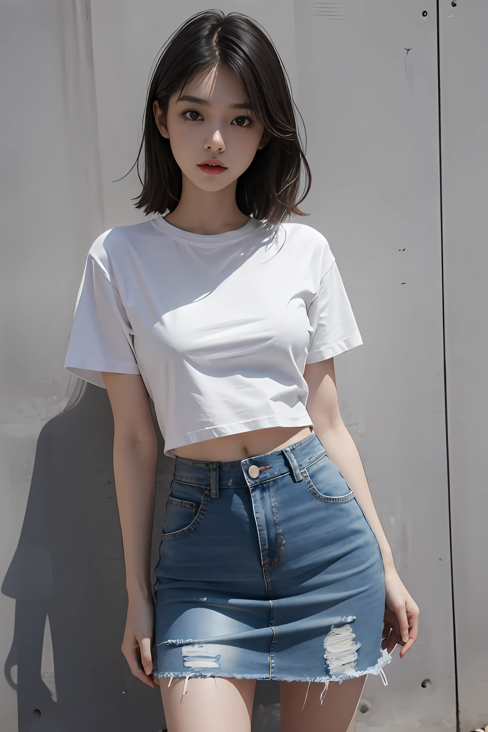 Girl poses for photo in white T-shirt and tight denim skirt,full bodyesbian,legs are open,tee shirt、brassier,Slim body,Smaller bust,Slim girl model,24 years old female model,sobu,Light and shadow tracking