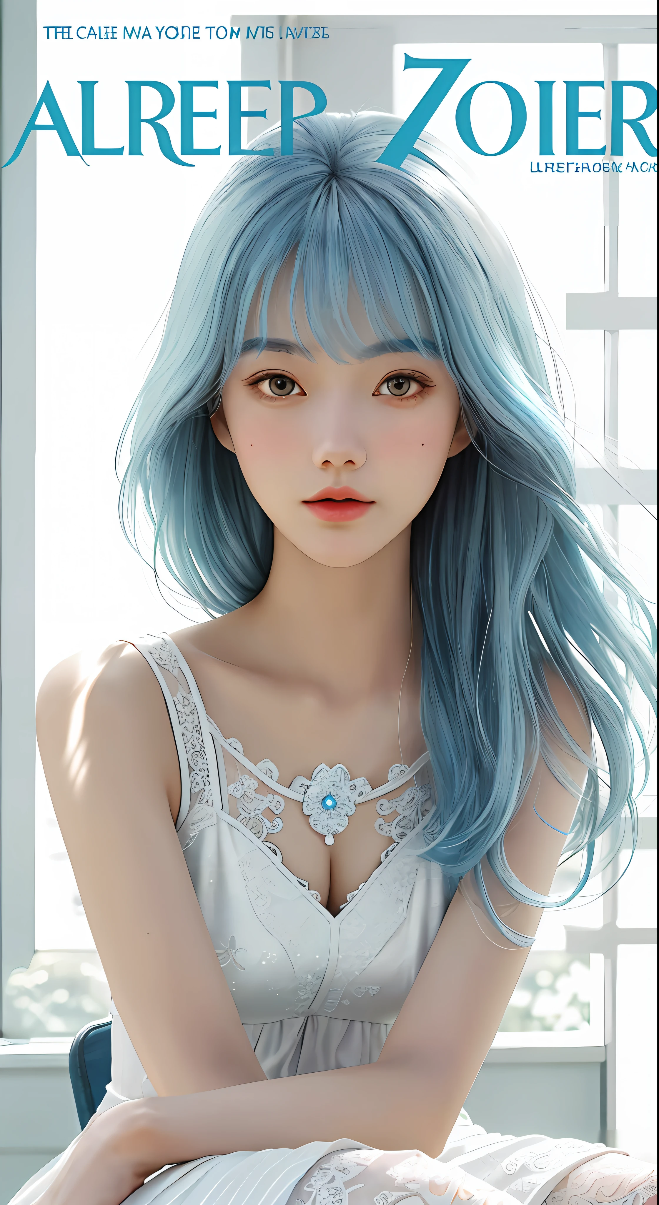 Masterpiece, Superb Style, Summer Dress, Color Hair, Indoor, Hotel, Magazine Cover, Upper Body, 1Girl, Delicate Hair, Arm Carving, Dream Blue Hair All Over, Delicate Shoes, Eye Carving, Delicate Hair, Clay Texture, Stepping on the Ground, Black and White Background, Natural Light, Best Quality, Ultra Detail, 8K, , (Facial Features to Be Clear)!!!! (The facial features are naturally rich, the character has only two legs and only five fingers on the hands)