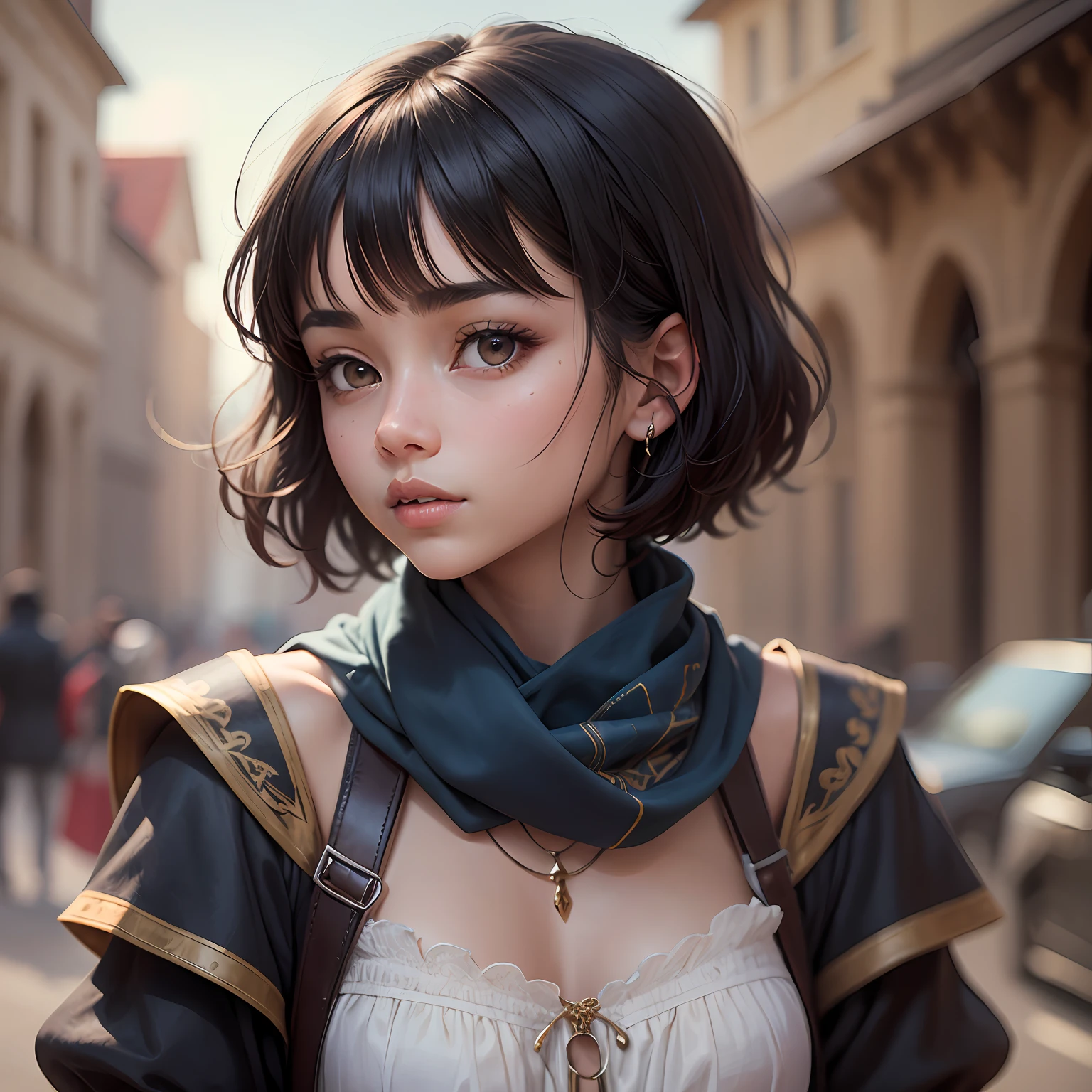 a girl with black hair and wearing a short haircut, light skin, brown eyes, and in her would be a medieval magic style but would be poor clothes emphasizing a blue scarf around her neck  -imagine --auto --s2
