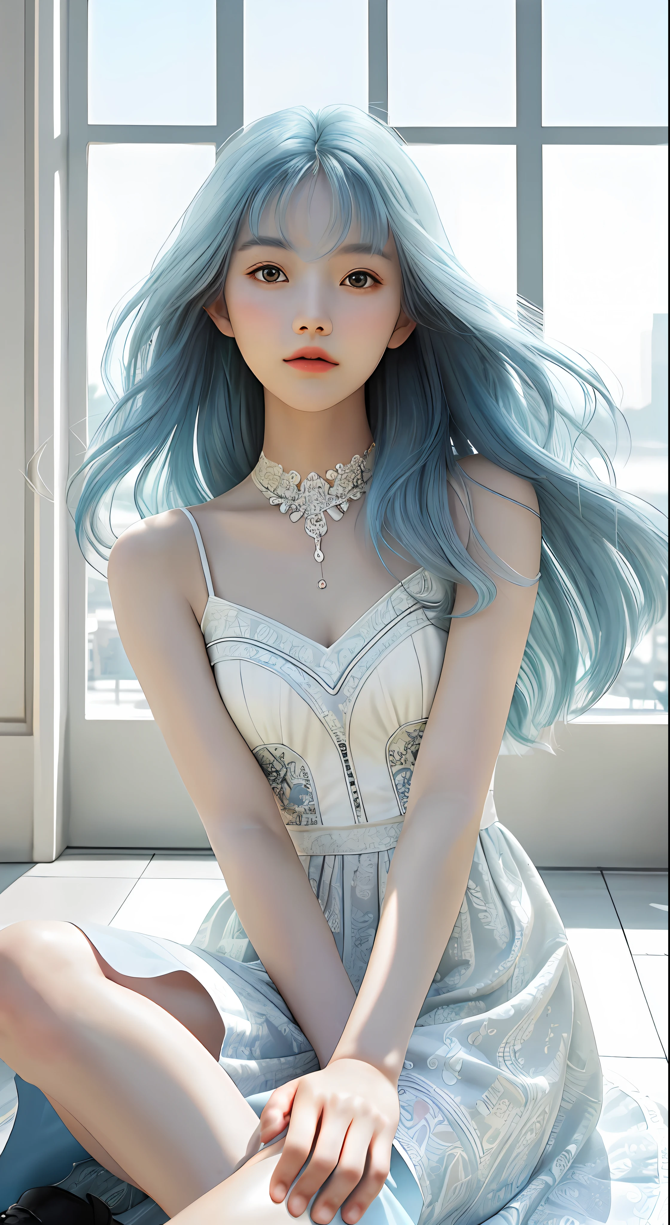 Masterpiece, Superb Style, Summer Dress, Color Hair, Indoor, Hotel, Magazine Cover, Upper Body, 1Girl, Delicate Hair, Arm Carving, Dream Blue Hair All Over, Delicate Shoes, Eye Carving, Delicate Hair, Clay Texture, Stepping on the Ground, Black and White Background, Natural Light, Best Quality, Ultra Detail, 8K, , (Facial Features to Be Clear)!!!! (The facial features are naturally rich, the character has only two legs and only five fingers on the hands)