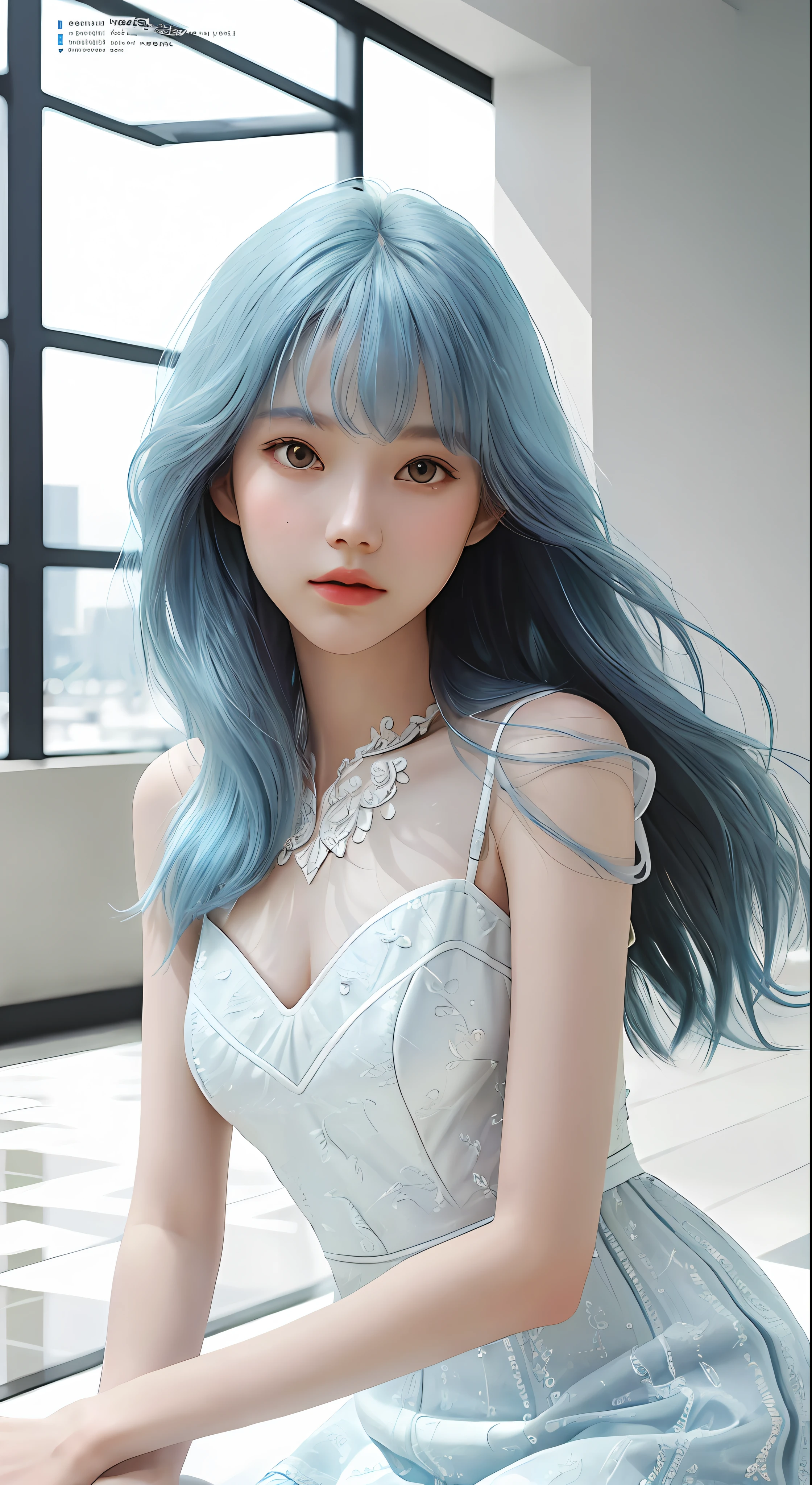 Masterpiece, Superb Style, Summer Dress, Color Hair, Indoor, Hotel, Magazine Cover, Upper Body, 1Girl, Delicate Hair, Arm Carving, Dream Blue Hair All Over, Delicate Shoes, Eye Carving, Delicate Hair, Clay Texture, Stepping on the Ground, Black and White Background, Natural Light, Best Quality, Ultra Detail, 8K, , (Facial Features to Be Clear)!!!! (The facial features are naturally rich, the character has only two legs and only five fingers on the hands)