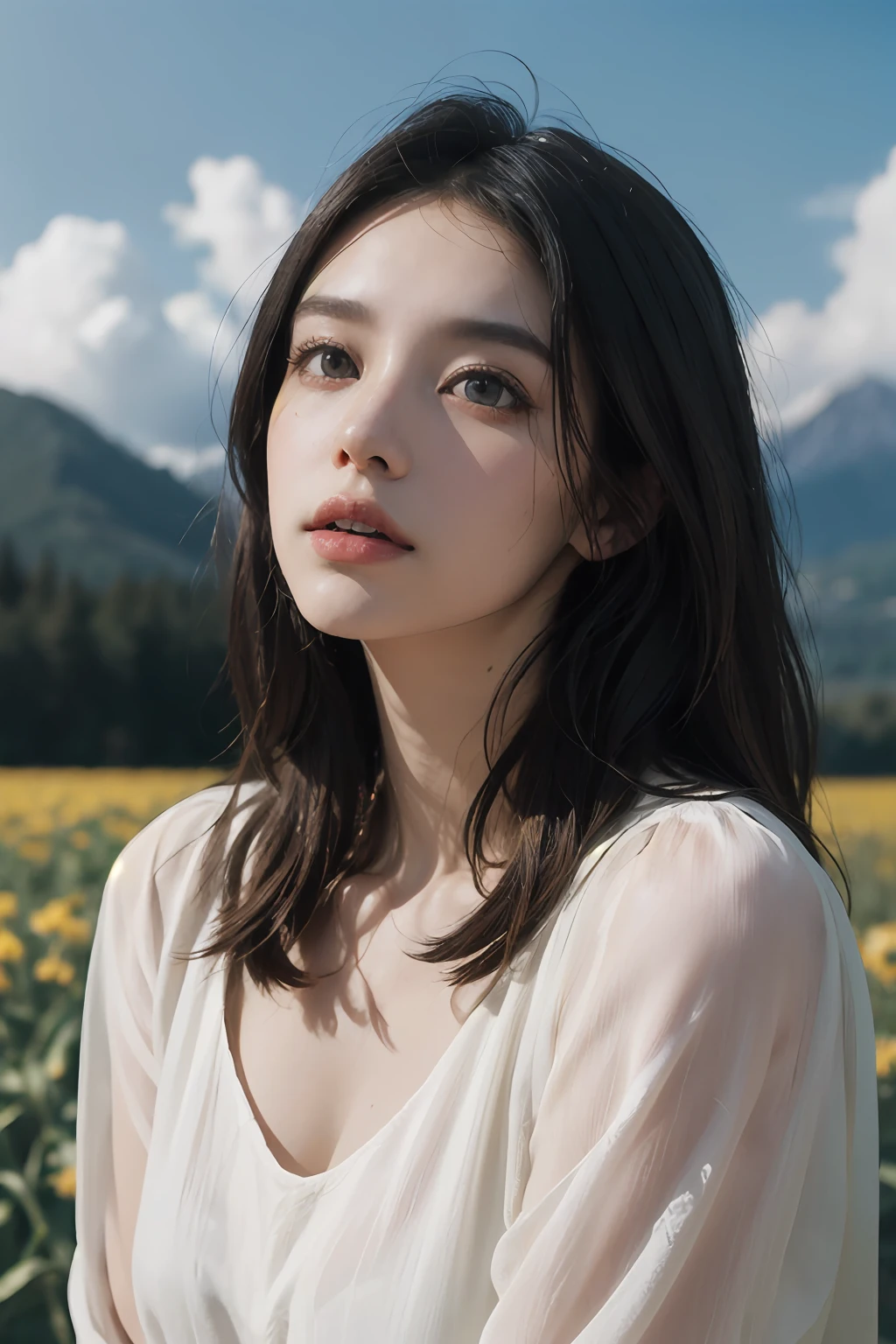 ((styled:Pure+ultra-realistic realism),White skin texture,eyes with brightness),lightand shade contrast,high textured,ultra HD picture quality,tall nose bridge,dynamic angle,Clouds and mountains,Flower field prospects,Light tracing,realisticlying,offcial art,Unity 8k壁纸,ultra - detailed,Beautiful and beautiful,tmasterpiece,best qualityer,Glowing skin,cinmatic lighting,full bodyesbian,Side Body,naturey。