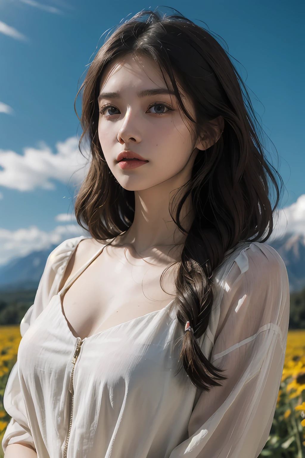 ((styled:Pure+ultra-realistic realism)，White skin texture，eyes with brightness)，lightand shade contrast，high textured，ultra HD picture quality，tall nose bridge，dynamic angle，Clouds and mountains，Flower field prospects，Light tracing，realisticlying，offcial art，Unity 8k壁纸，ultra - detailed，Beautiful and beautiful，tmasterpiece，best qualityer，Glowing skin，cinmatic lighting，full bodyesbian，Side Body，naturey。