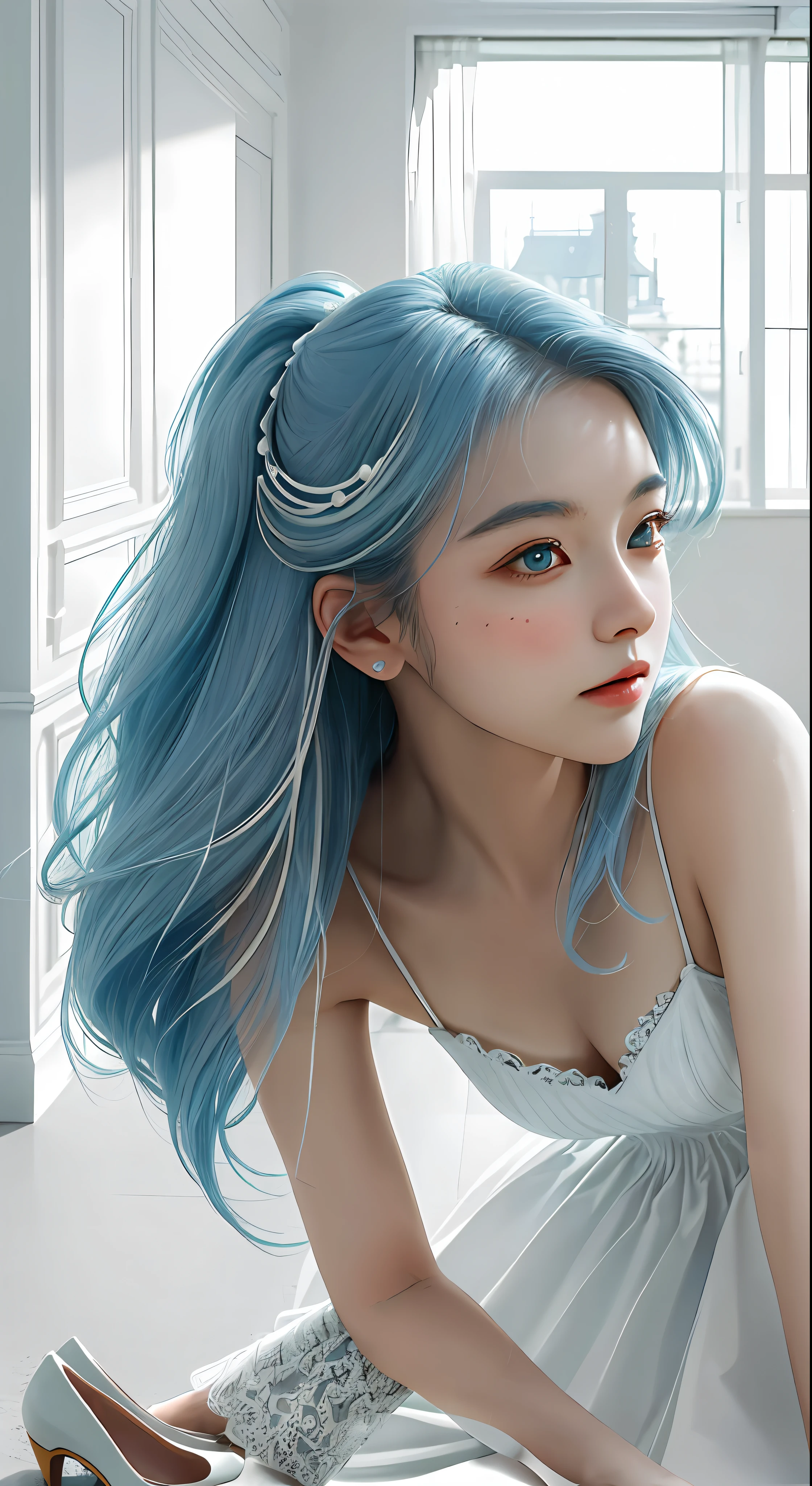 Masterpiece, Superb Style, Summer Dress, Color Hair, Indoor, Hotel, Magazine Cover, Upper Body, 1Girl, Delicate Hair, Arm Carving, Dream Blue Hair All Over, Delicate Shoes, Eye Carving, Delicate Hair, Clay Texture, Stepping on the Ground, Black and White Background, Natural Light, Best Quality, Ultra Detail, 8K, , (Facial Features to Be Clear)!!!! (The facial features are naturally rich, the character has only two legs and only five fingers on the hands)
