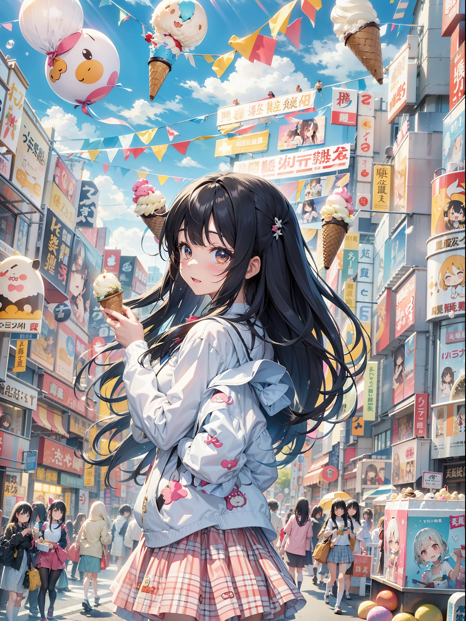 Top image quality Original Characters、女優、Long Black Hair、Ice cream falling from the sky、Tokyo Harajuku made up of block boxes